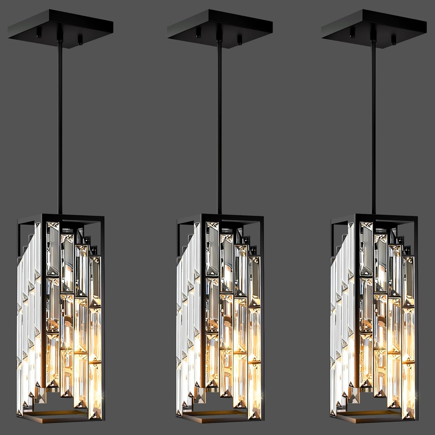 Black Pendant Lights Kitchen Island 3 Pack, Mini Crystal Chandeliers, Modern Pendant Lights Ceiling Lighting Fixtures for Kitchen Island, Dinning Room, Bedroom