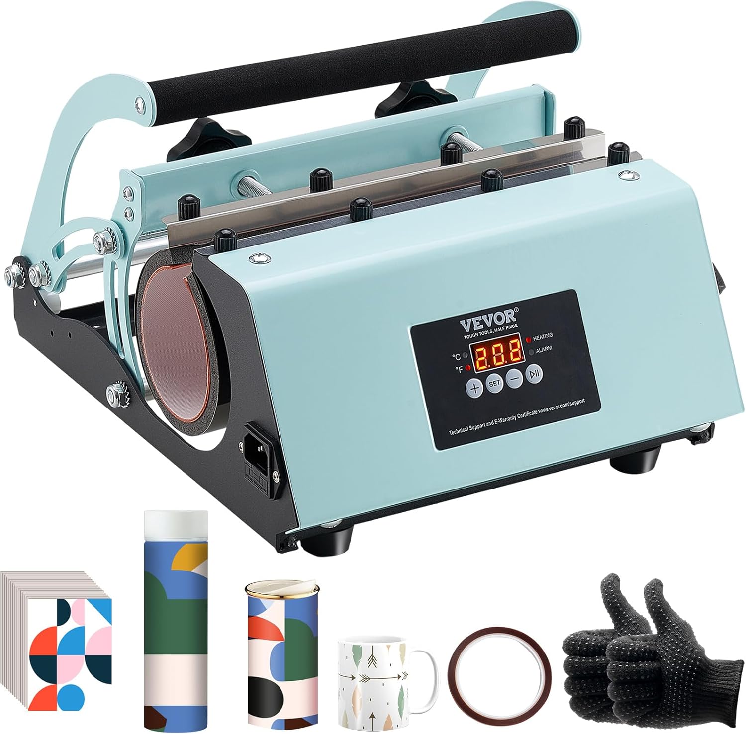 VEVOR Tumbler Heat Press Machine, 11-30oz Mug Press, Heat Up Fast and Even, Tumbler Press with Sublimation Paper, Tape and Gloves, Temp and Time Setting, for Sublimation Tumblers, Cups, Mugs, Green