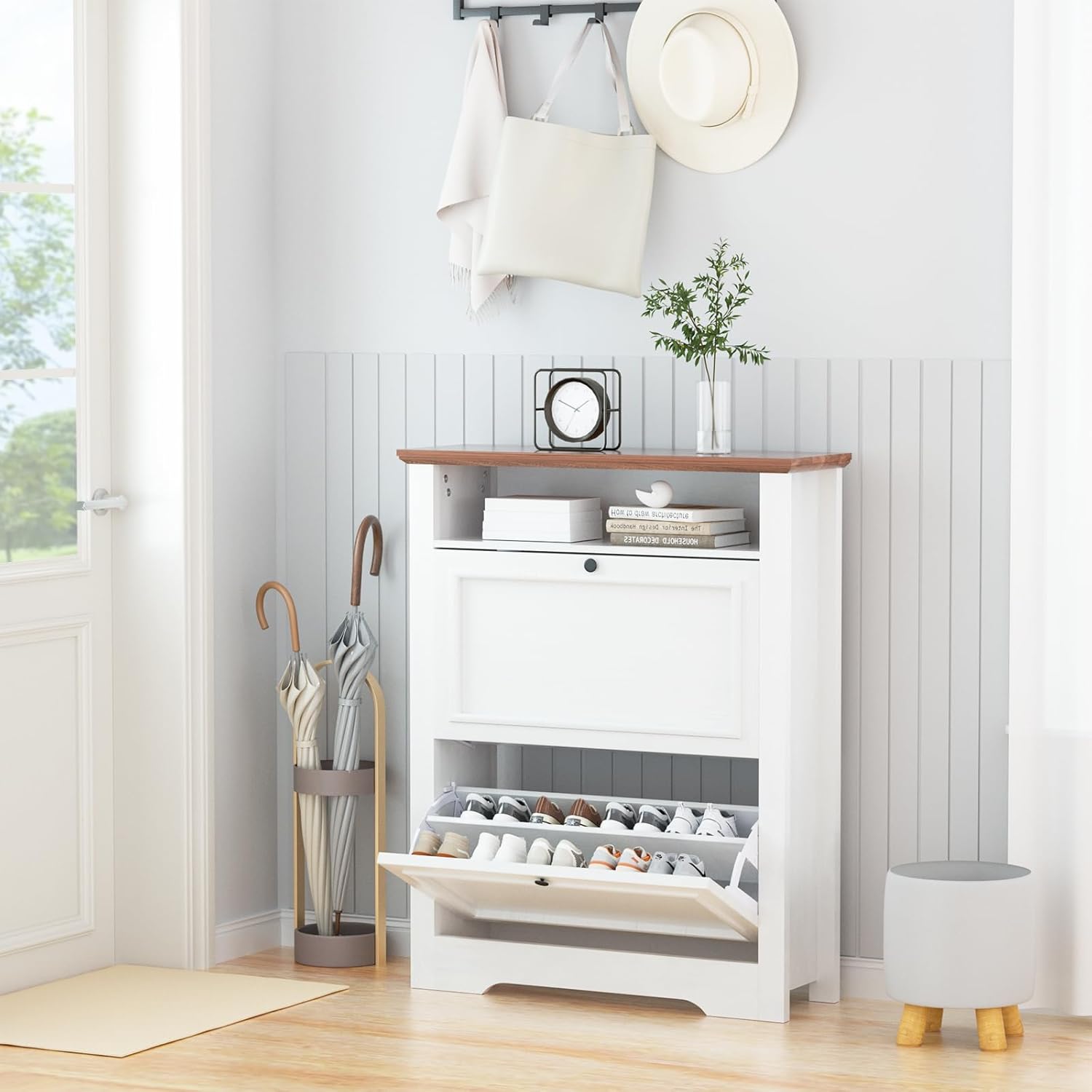 Shoe Cabinet with 2 Flip Drawers, Narrow Shoe Rack Cabinet Farmhouse Design, Freestanding Shoe Organizer with Open Storage for Entryway, Hallway, Foyer, Living Room, White Walnut