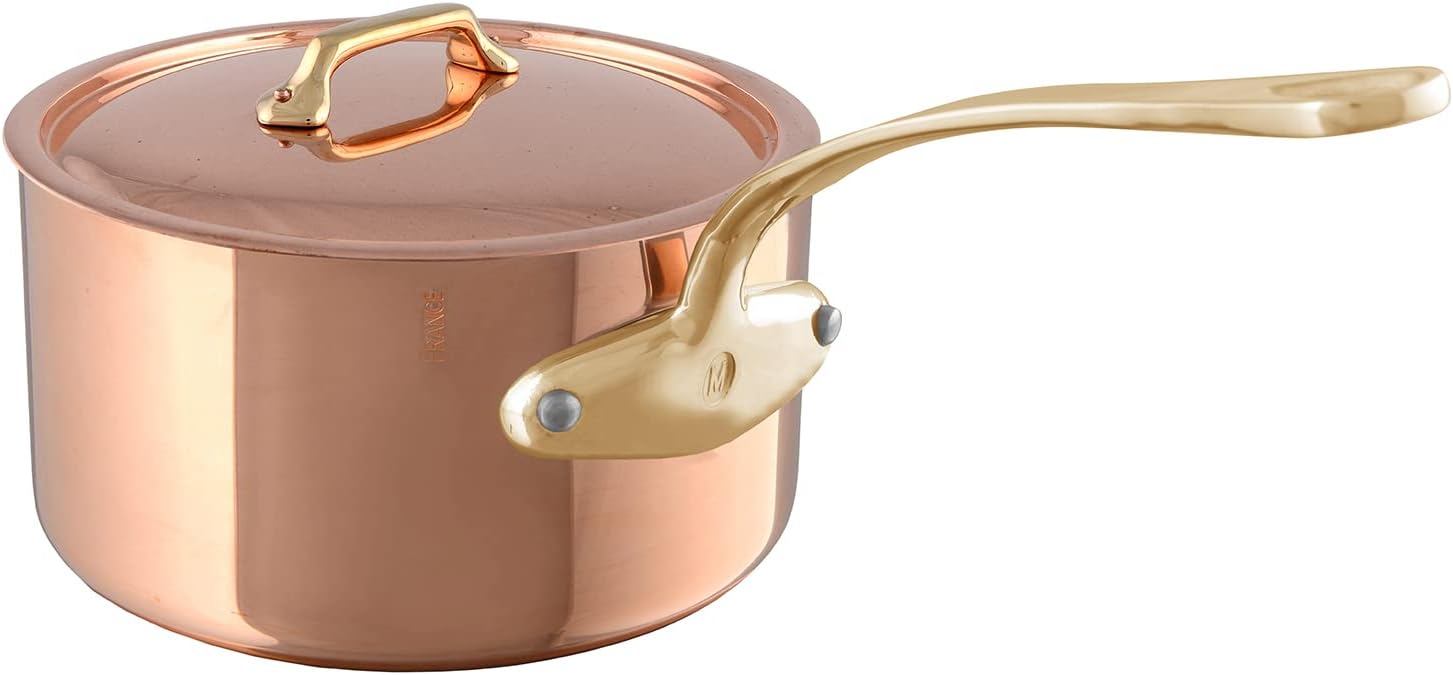 Mauviel M'Heritage 200 B 2mm Polished Copper & Stainless Steel Sauce Pan With Lid, And Brass Handles, 2.6-qt, Made in France