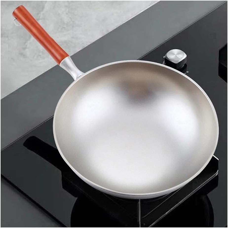 Frying Pan, Pure Titanium Wok Non-Stick Pan Kitchen Cookware Uncoated Frying Pan Household Round Bottom Pot Gas Cooker(32cm)