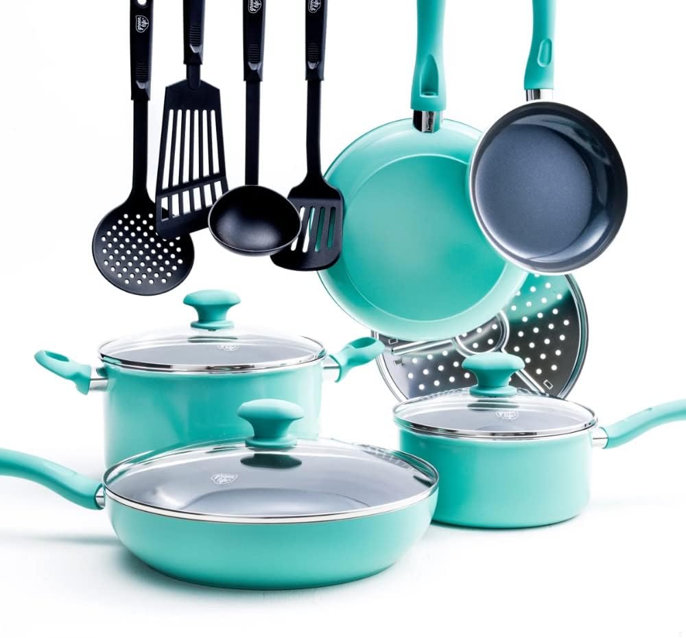 Diamond Ceramic Non-stick 13Pc Cookware Set, Turquoise