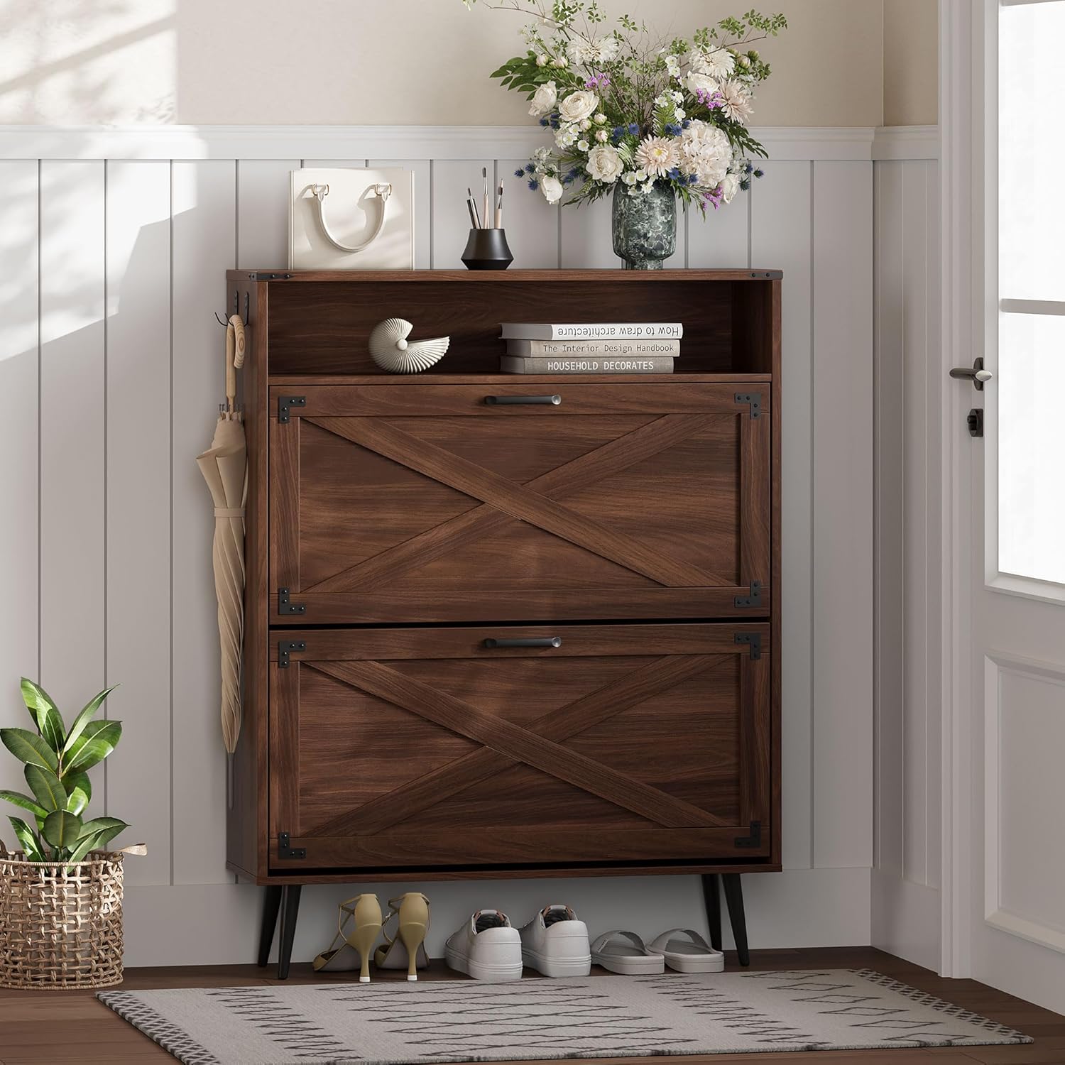 Shoe Storage Cabinet with 2 Flip Drawers Narrow Shoe Rack Cabinet Farmhouse Design Freestanding Shoe Organizer with Open Storage for Entryway,Hallway,Foyer,Walnut