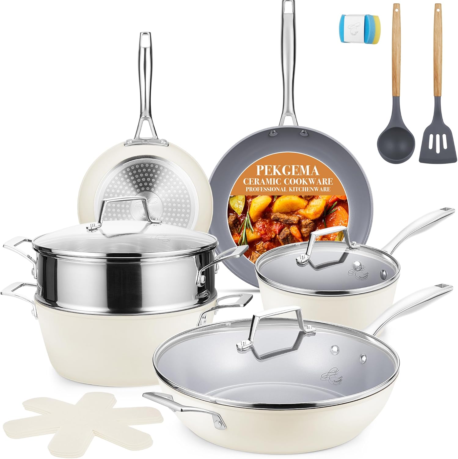 PekGema Ceramic Pots and Pans Set, 16 Pcs Cookware Set Nonstick, Non Toxic, Oven Safe, Induction Cookware, Cooking Set with Steamer, PPG Ceramic PFAS PTFE PFOA FREE, White