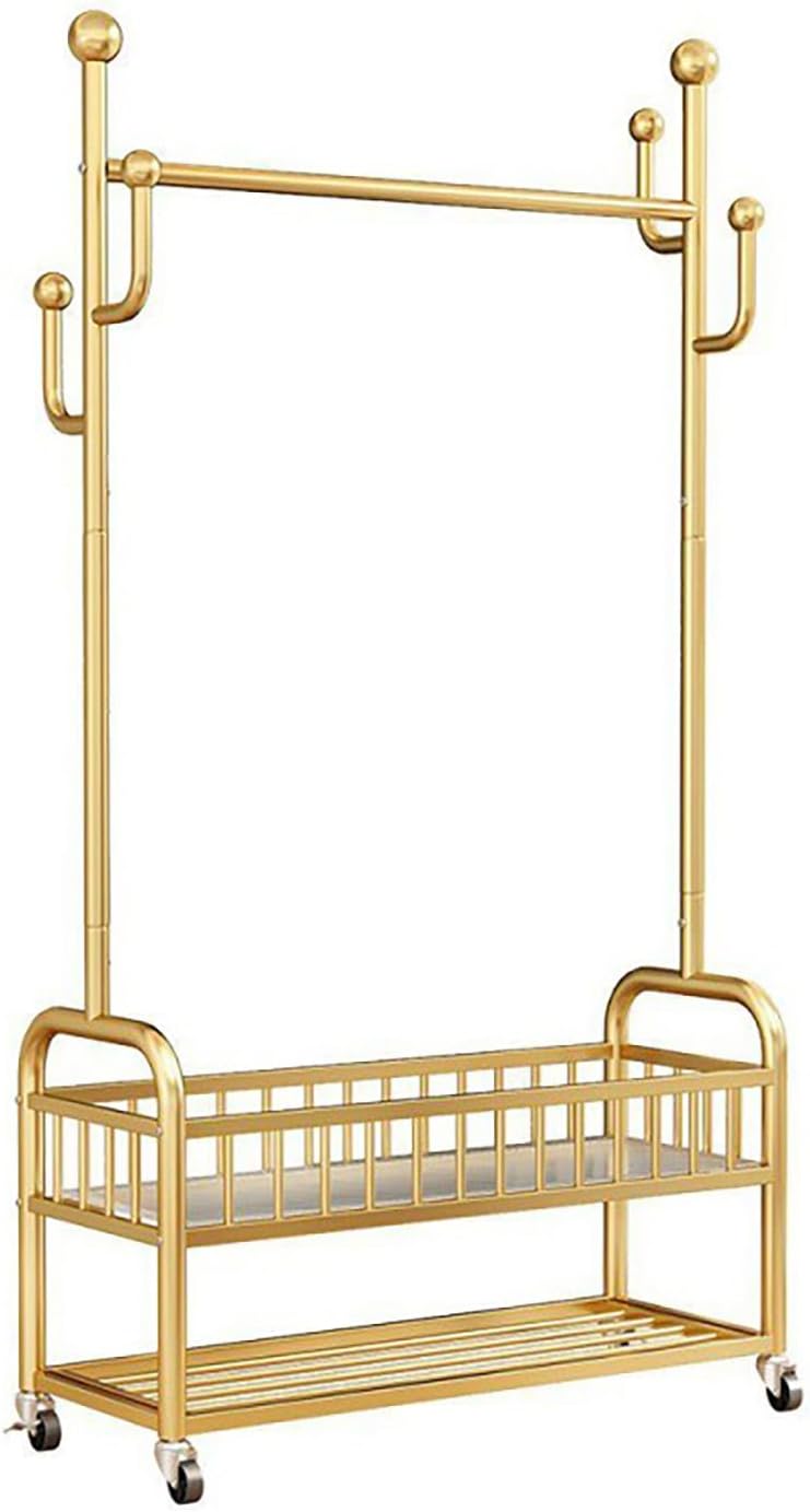 Clothing Rack, Standing with Wheels, Heavy Duty for Storage, Gold，for Hanging Organizers Clothes,Shoes,Bags,Scarf,Neckties Ideal for offices, bedrooms, foyers (Gold, S)