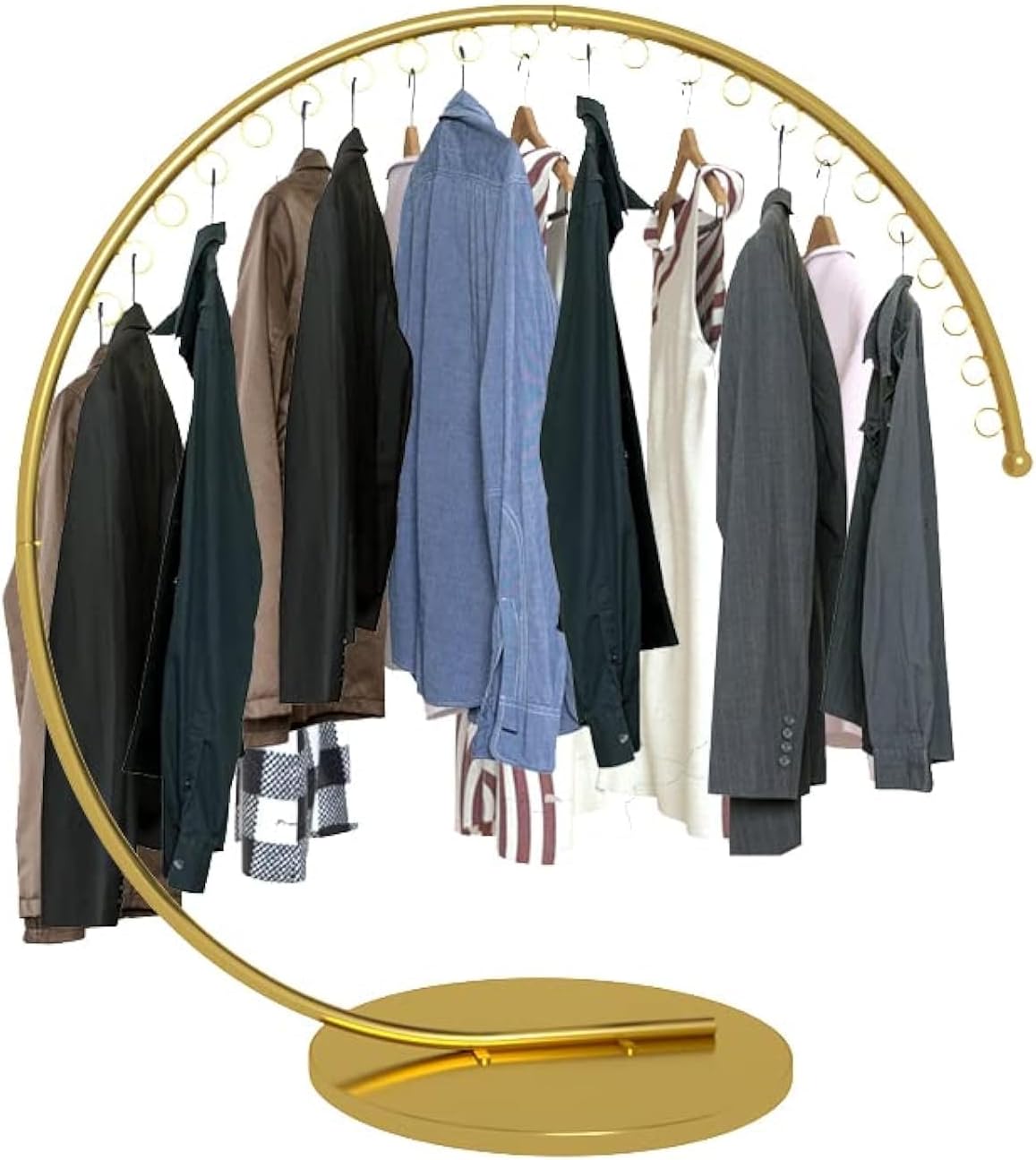 Heavy Duty Portable Clothing Rack, Commercial Grade Metal Garment Rack with Stable Base for Hanging Clothes, C-Style Round Rack for Retail Boutiques and Clothing Displays (Gold, 150CM)