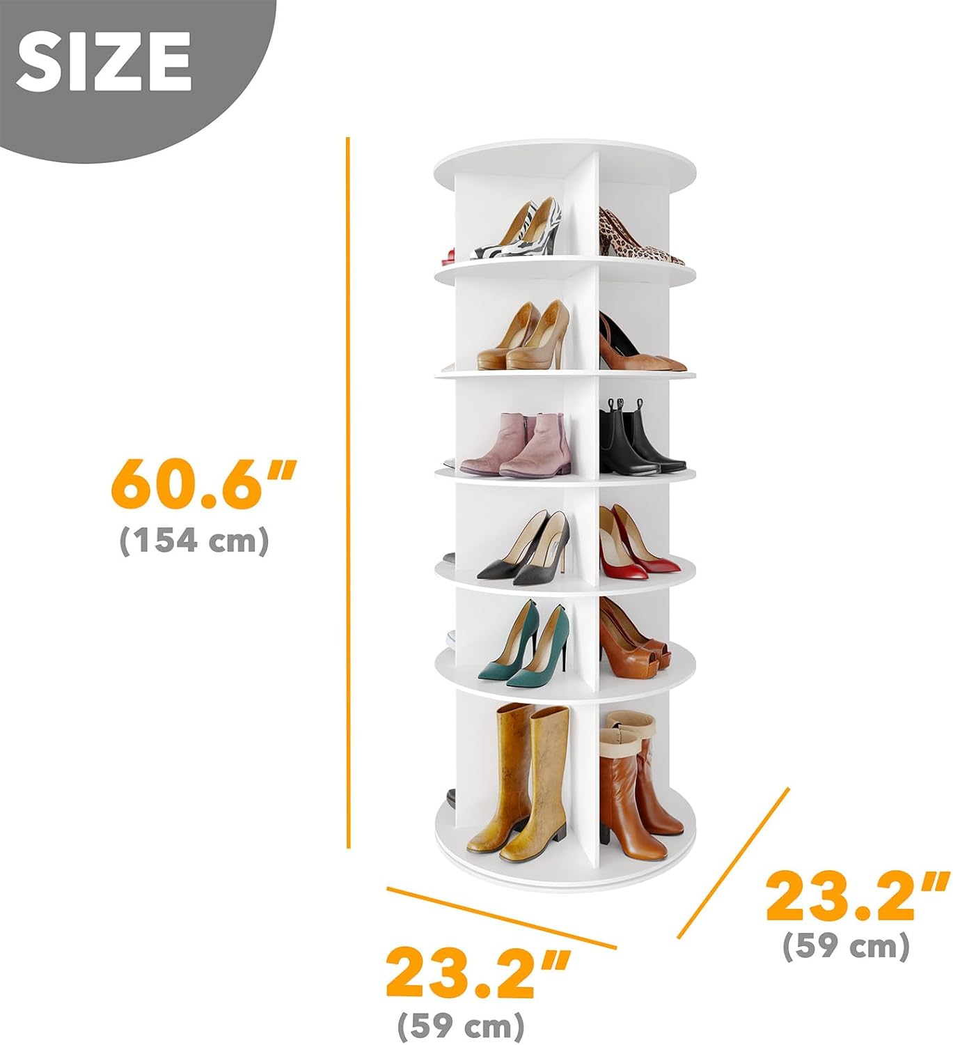SpaceAid Rotating Shoe Rack 6 Tier Organizer, High Bottom Design Shoe Tower Spinning Storage Lazy Susan, Revolving Rack 360, Closet Handbag Display Rotate Organizers (White)
