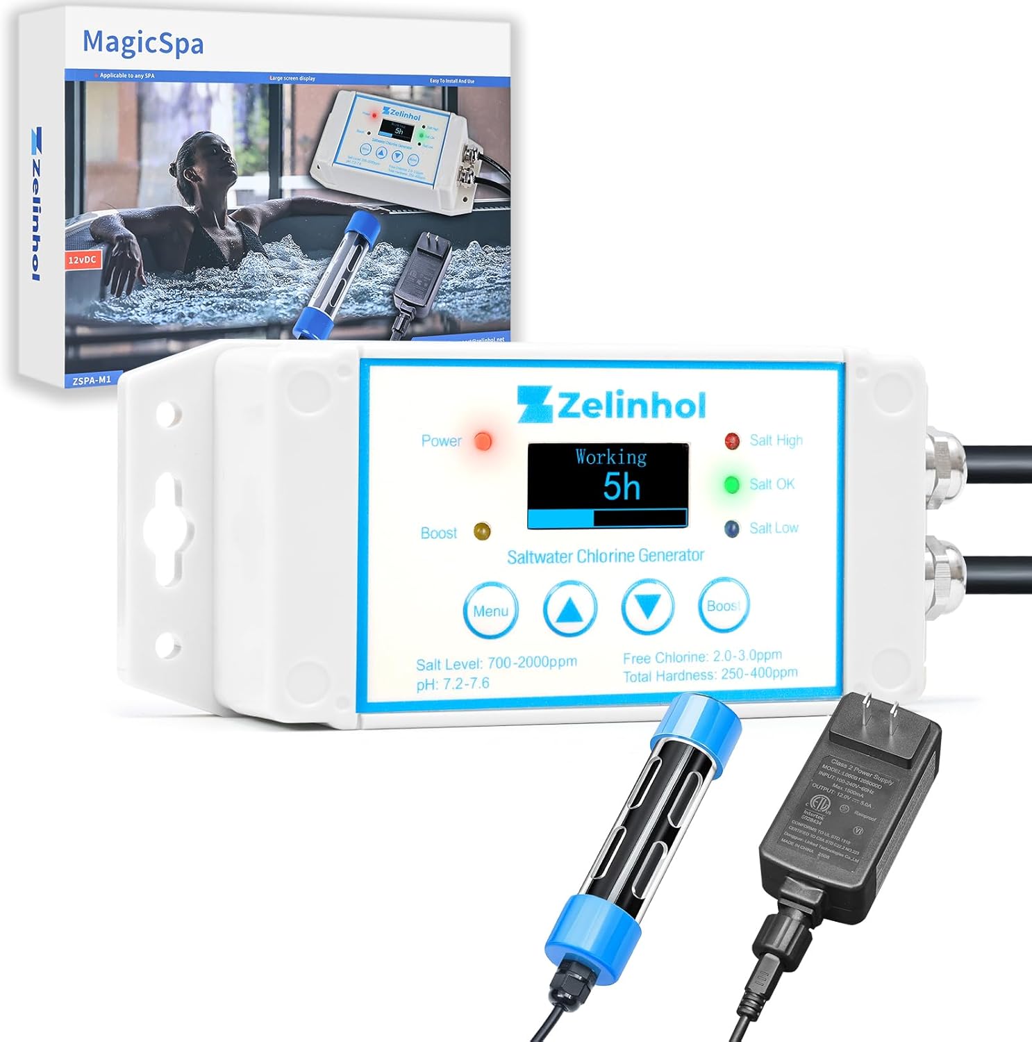 Salt Chlorine Generator for Hot Tubs & Swim Spas, Titanium Salt Cell with OLED Display & Quick-Change Design, Self-Cleaning System (Up to 2500 Gallons)