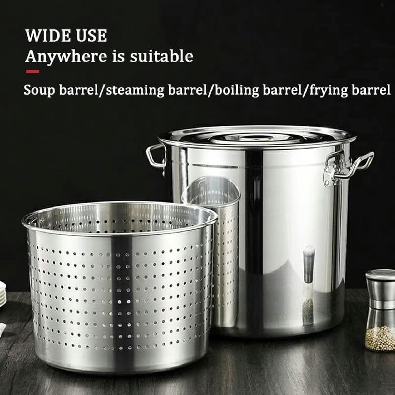 Large Cooking Stock Pot with Strainer Basket - 27QT/45QT/63QT Commercial Stainless Steel Stockpot Pasta Pot Turkey Frying Barrel for Steaming Tamales Seafood Crawfish Boiler,70L/63Qt(50L/45Qt)