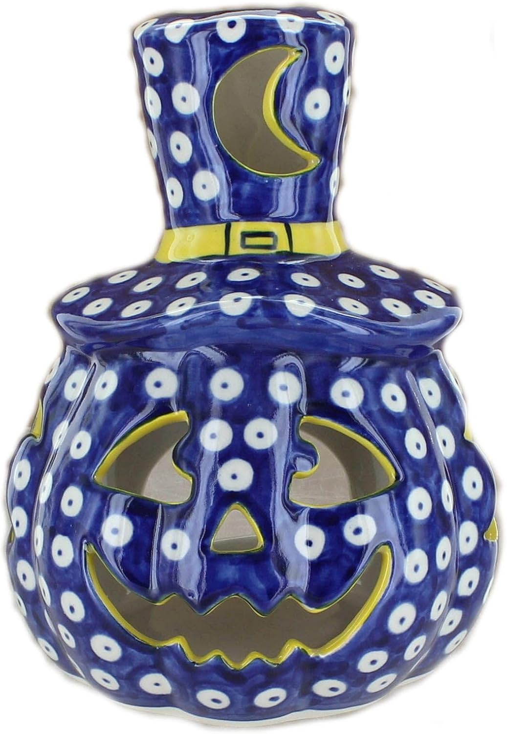 Blue Rose Polish Pottery - Blue Dots Pumpkin Luminary with Top Hat - 7.5