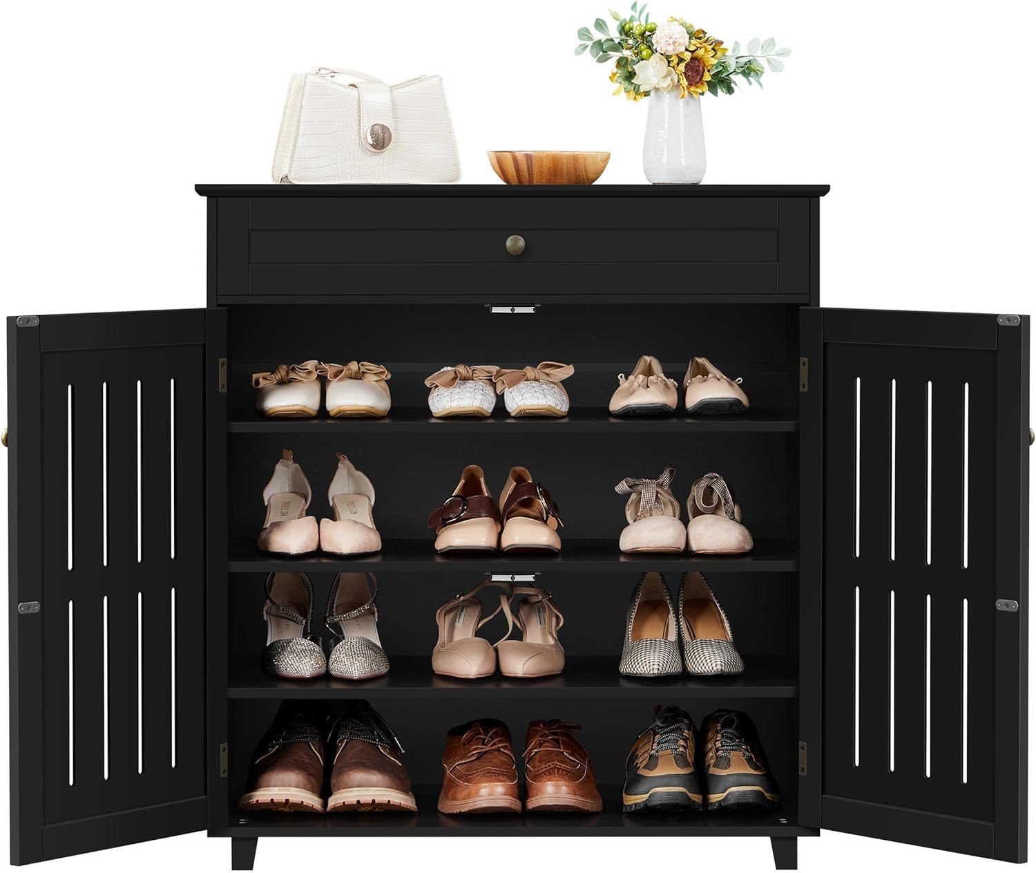 Yaheetech Shoe Cabinet, 4-Tier Shoe Storage Cabinet with Drawer & Adjustable Shelves, Wooden Shoe Rack Organizer with Louvered Doors for Entryway, Hallway, Bedroom, Closet, Living Room, Black