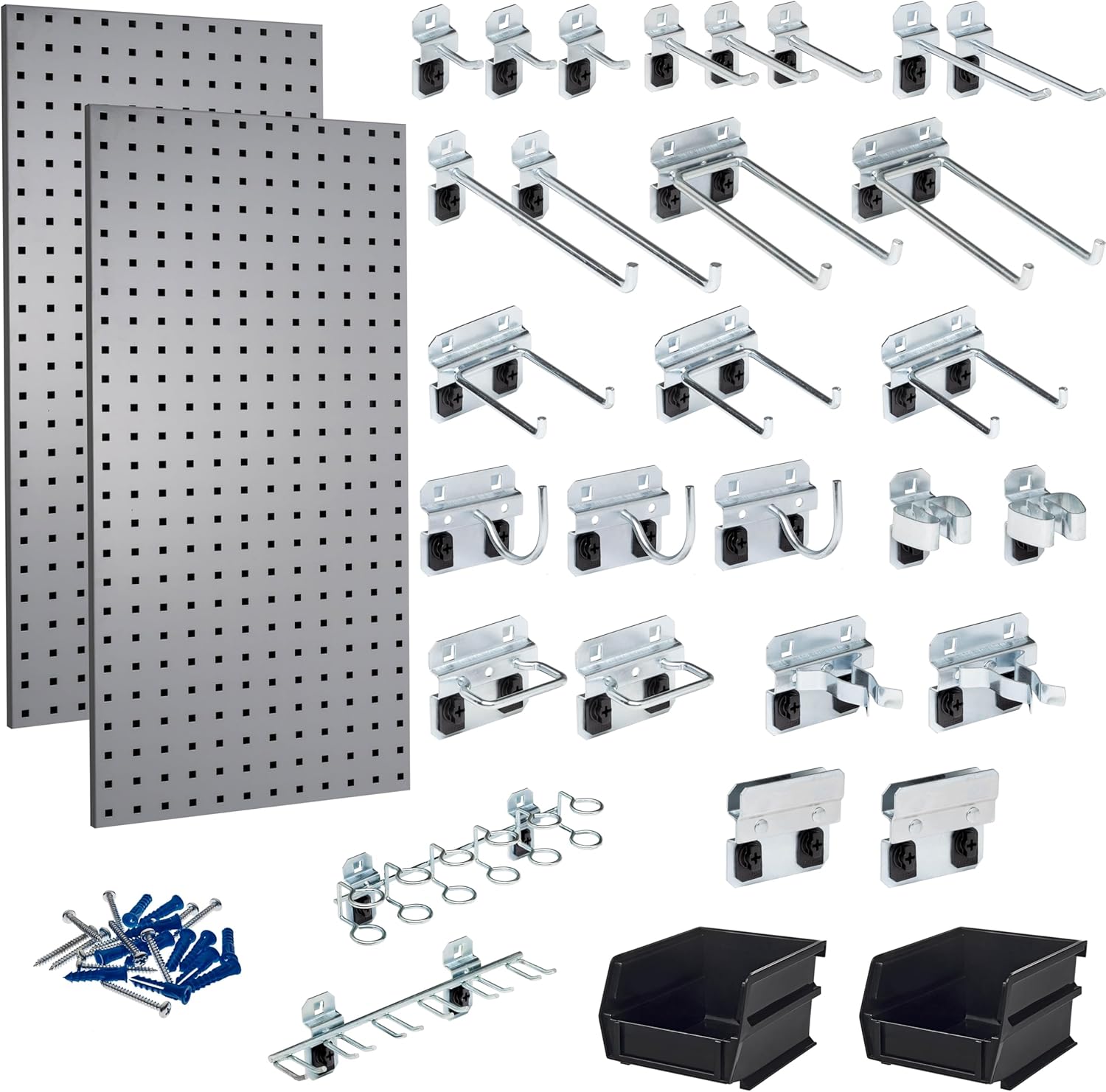 Triton Products (LB18-GKit) LocBoard (2) 18 In. W x 36 In. H x 9/16 In. D Gray Steel Square Hole Pegboards with 30 pc. LocHook Assortment & Hanging Bin System, Gray, 2-Pack