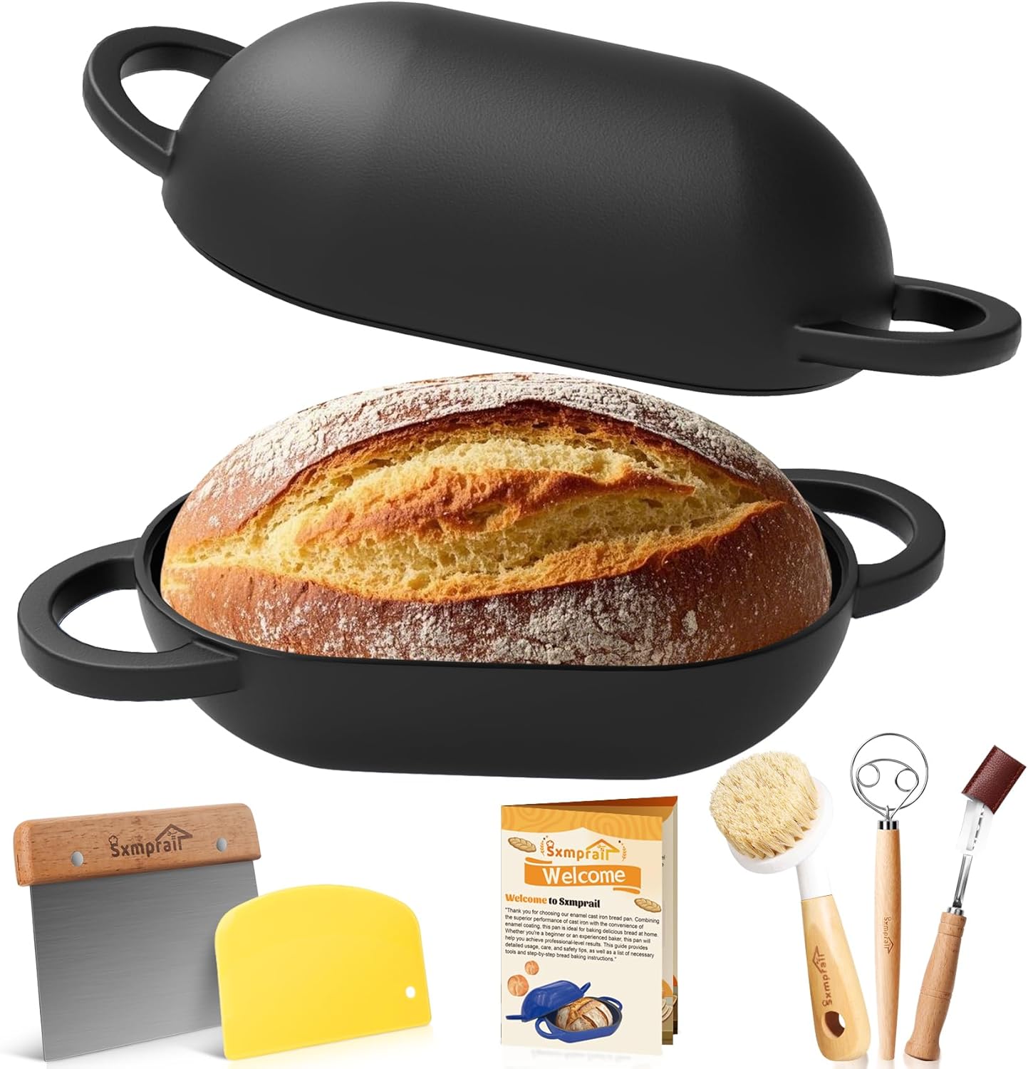 Enameled Cast Iron Oval Bread Oven with Non-Stick Silicone Liner, 2QT, Black, Mini Oval Homemade Sourdough Dutch Oven with Lid, Artisan Bread Loaf Pan for Homemade Bread Five-Years Free Replacement