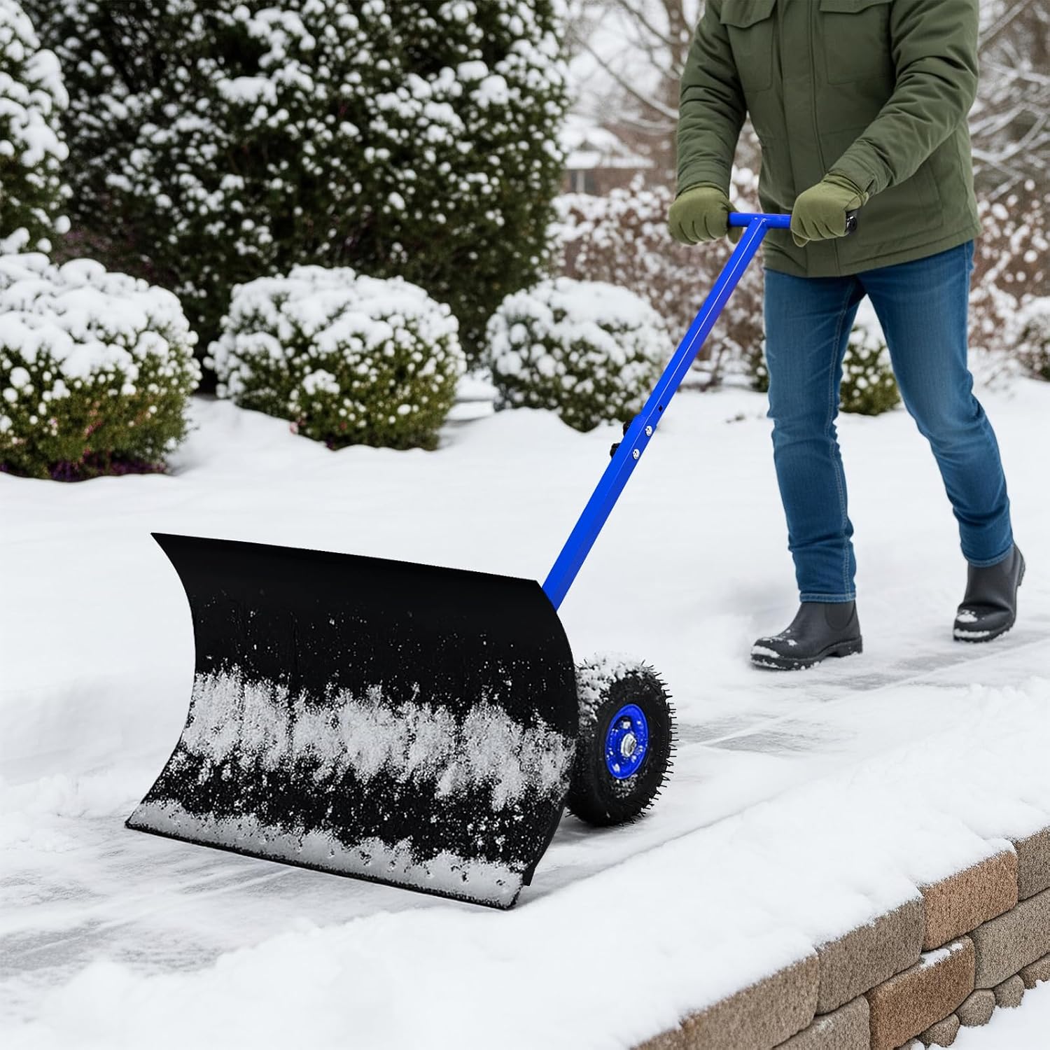 29 x 18in Adjustable T-Handle Snow Plow with Inflatable Wheels, Heavy Duty Human-Powered Manual Snow Shovel for Driveways & Sidewalks, Iron Blade Snow Removal Tool, Blue & Black
