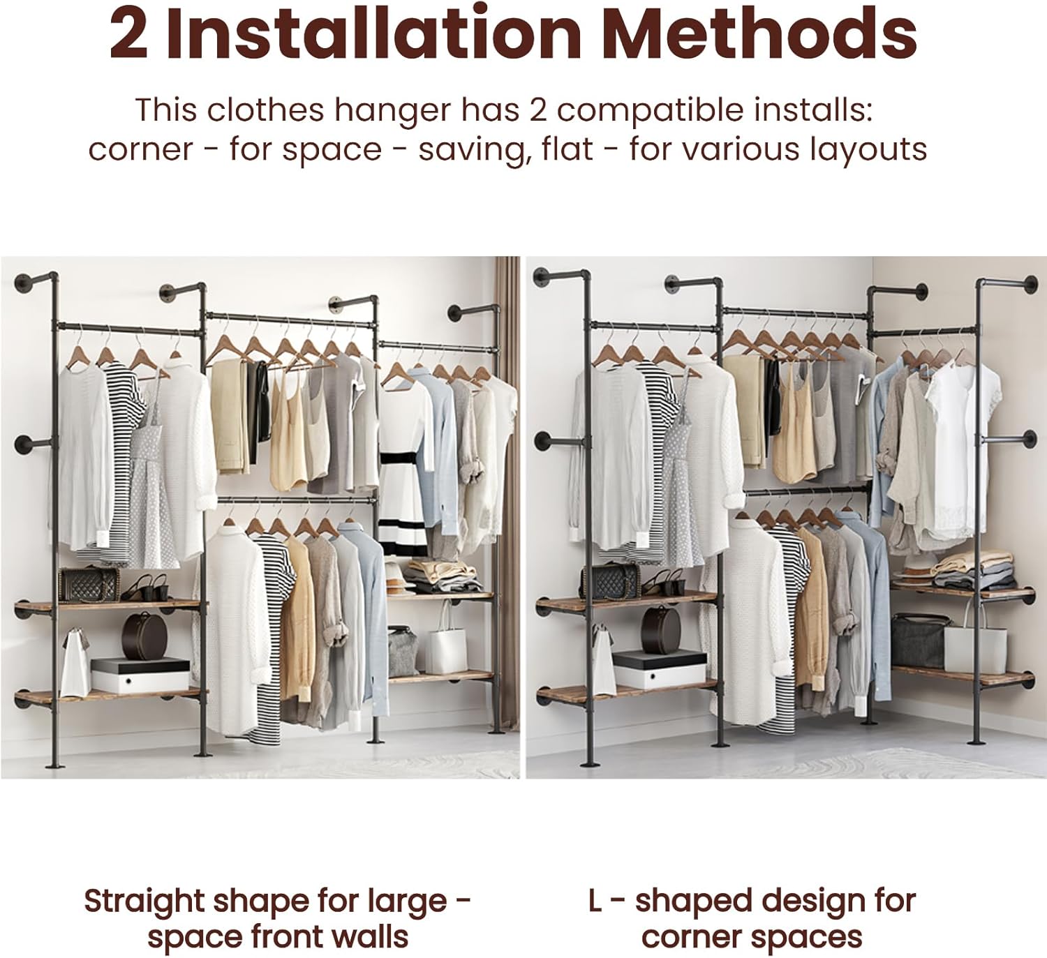 Industrial Pipe Clothes Rack,Wall Mounted Closet Wardrobe Rack, Corner L Shaped Walk-in Closet System, 2 Installation Methods (Black, 80