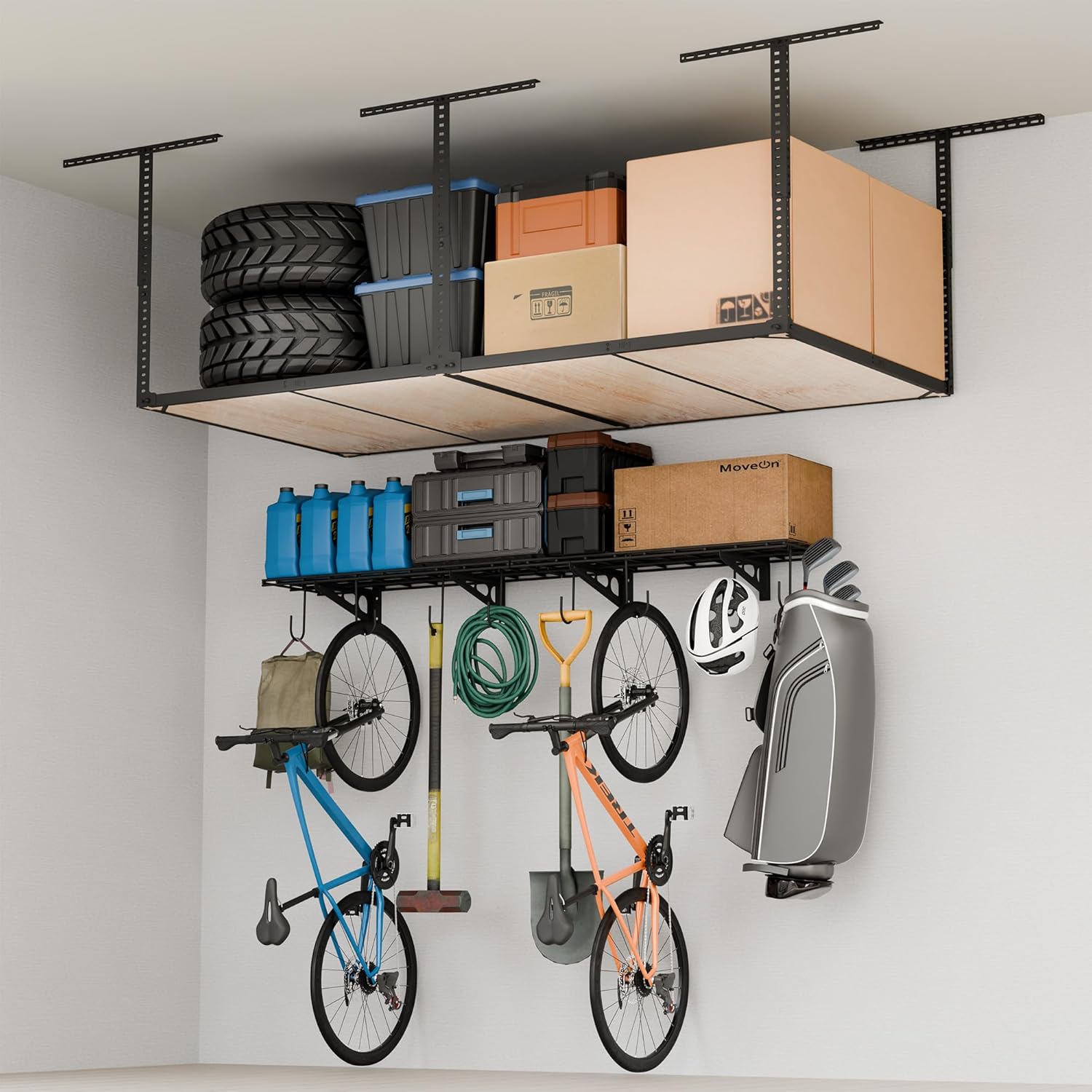 FLEXIMOUNTS Garage Storage Bundle – 2-Pack 1x3ft Wall Shelves with 8 Bike Hooks (300 lbs Capacity) & 4x8 Overhead Storage Rack Without Decking (600 lbs Capacity), Heavy-Duty Metal Garage Organi