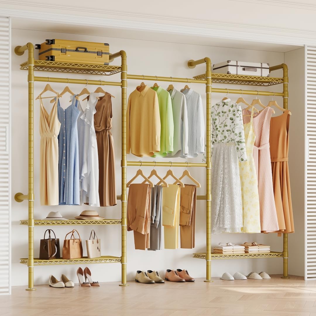 W3 Wall Mounted Closet System, Expandable Industrial Pipe Clothes Rack Clothing Rack for Hanging Clothes, Heavy Duty Garment Rack Closet Organizers and Storage Reach in Closet, Gold