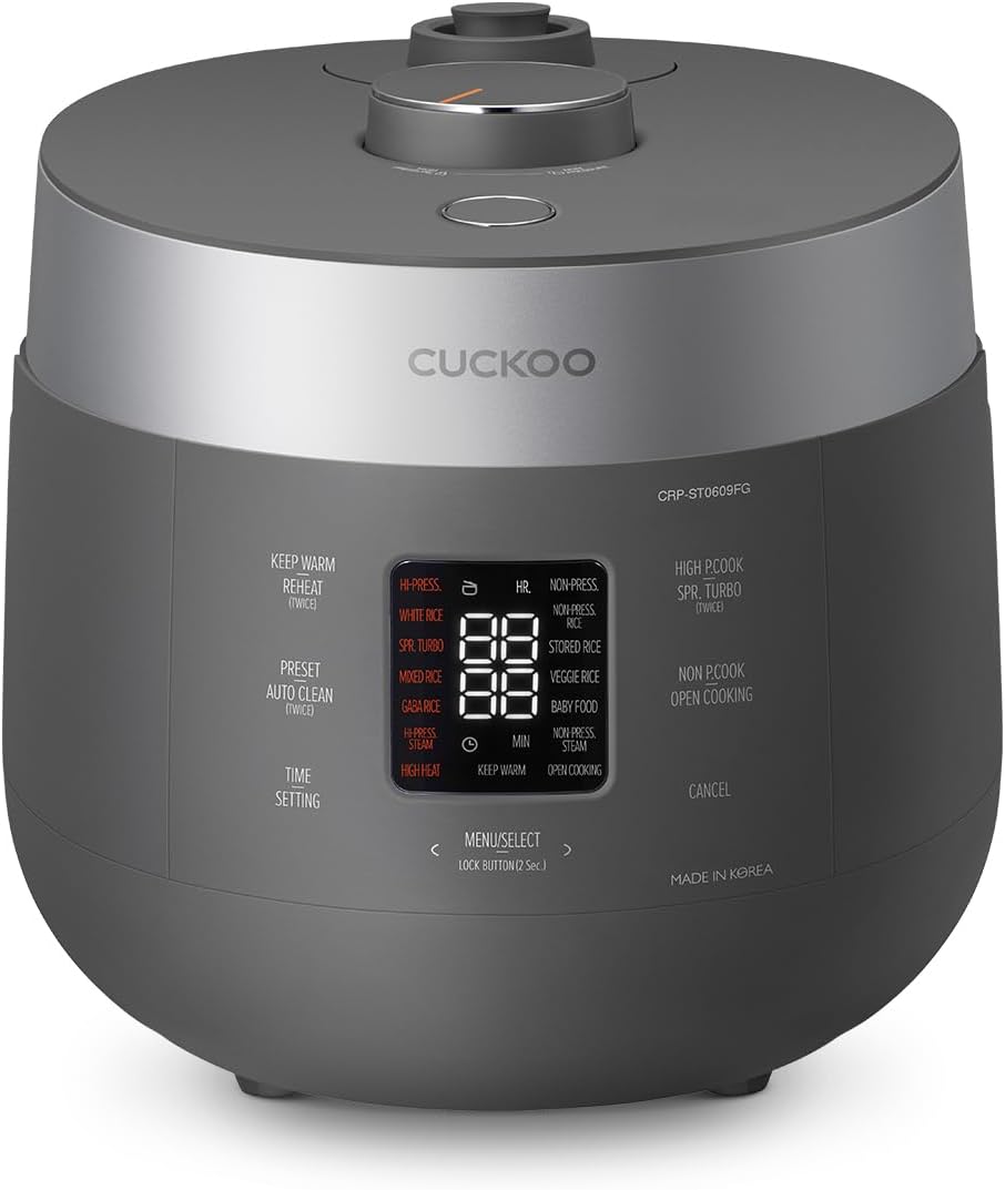 CUCKOO Twin Pressure Rice Cooker 6-Cup Uncooked / 12-Cup Cooked with Nonstick Inner Pot, Versatile Rice Maker & Warmer with 16 Menu Options, Open Cooking Mode, Voice Guide, Gray (CRP-ST0609FG)