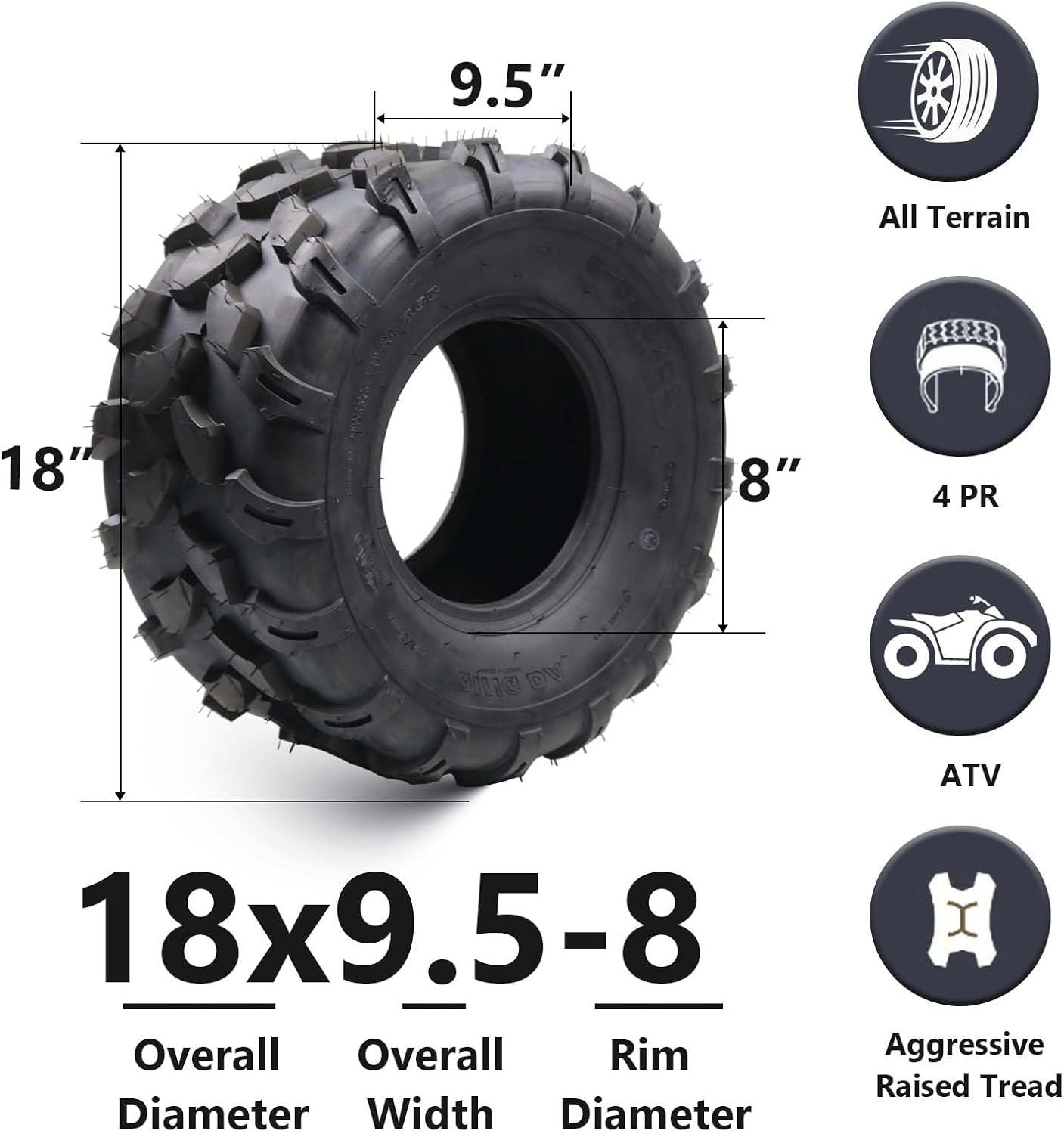 18X9.50-8 ATV Tires - 4PR All Terrain, TL QD109, Trail Sand Mud Off-Road Tires, Pack of 2, Tubeless
