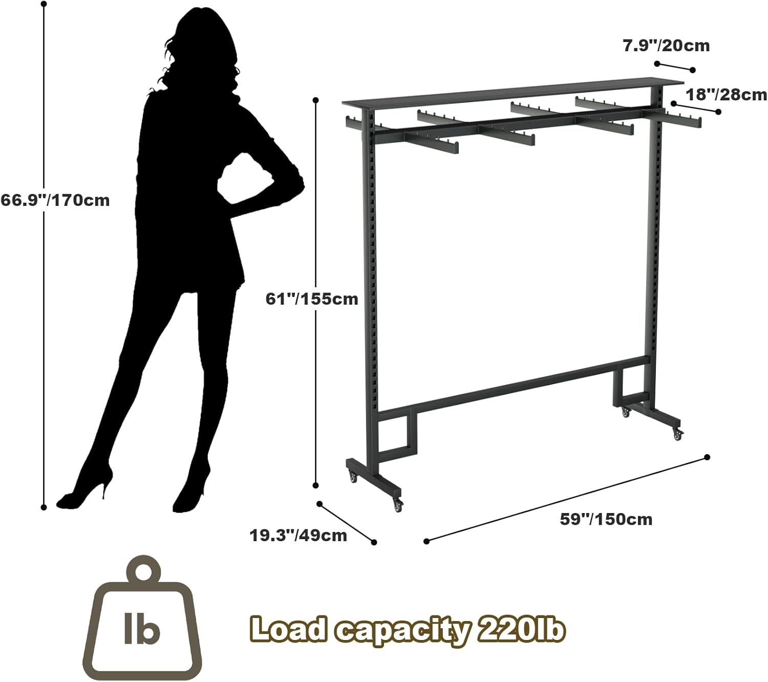 Retail Clothing Rack with Adjustable 8 Arms, Portable Boutique Display Stand on Wheels and Shelf, Floor Standing Metal Garment Rack for Hanging Shirts, Black