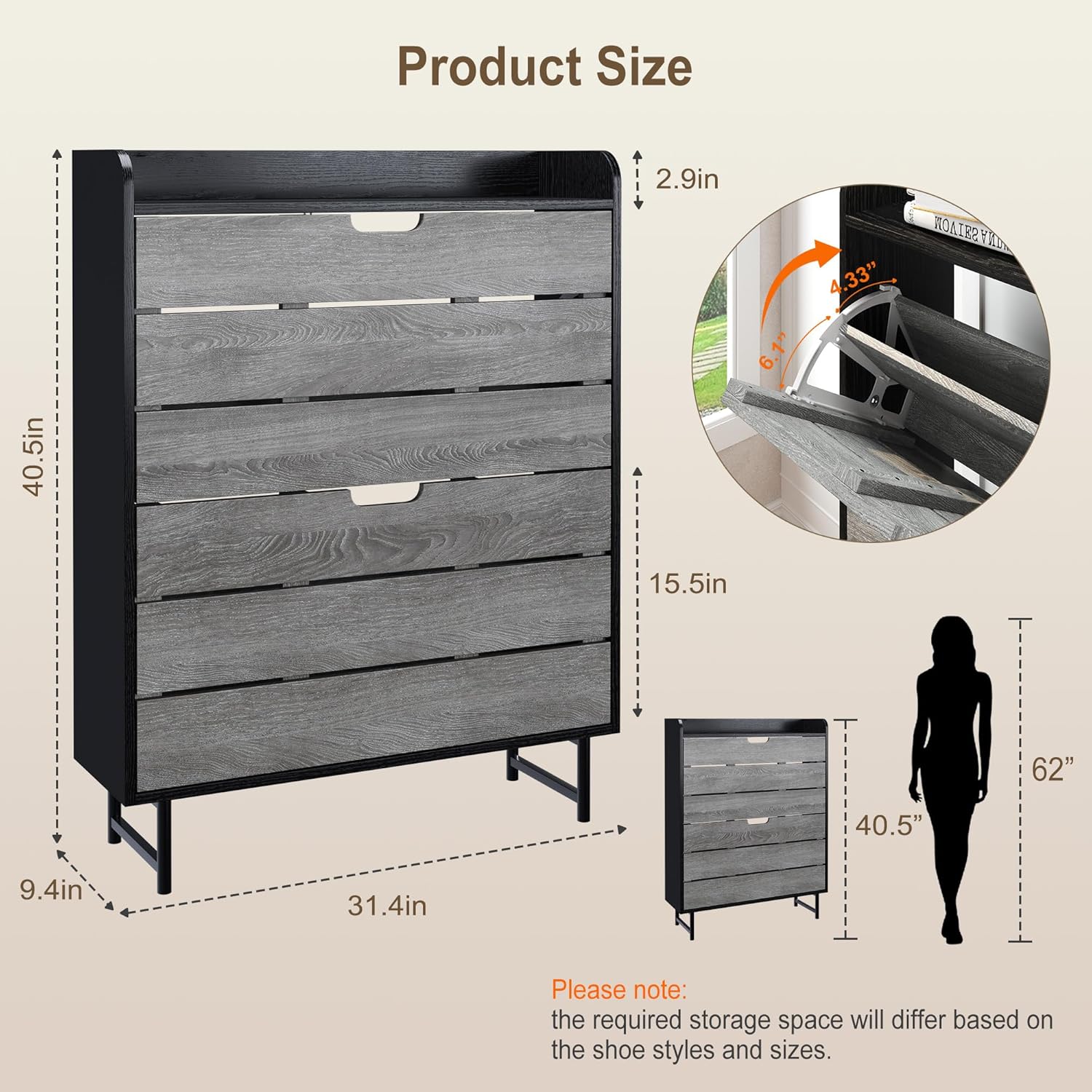 Shoe Storage Cabinet with 2 Flip Drawers, Wooden Shoe Rack Organizer Cabinet with Adjustable Shelf, Narrow Shoe Cabinet for Entryway, Hallway, Living Room (Grey)