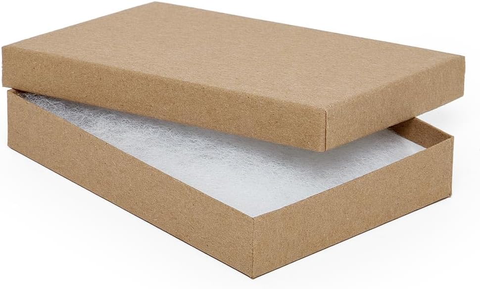 Paper Mart Natural Kraft Jewelry Gift Box, 5 ¼ x 3 ¾ x ⅞ Inch Necklace Box, Bulk Pack of 100 for Jewelry Packaging with Kraft Lid and Cotton Pad