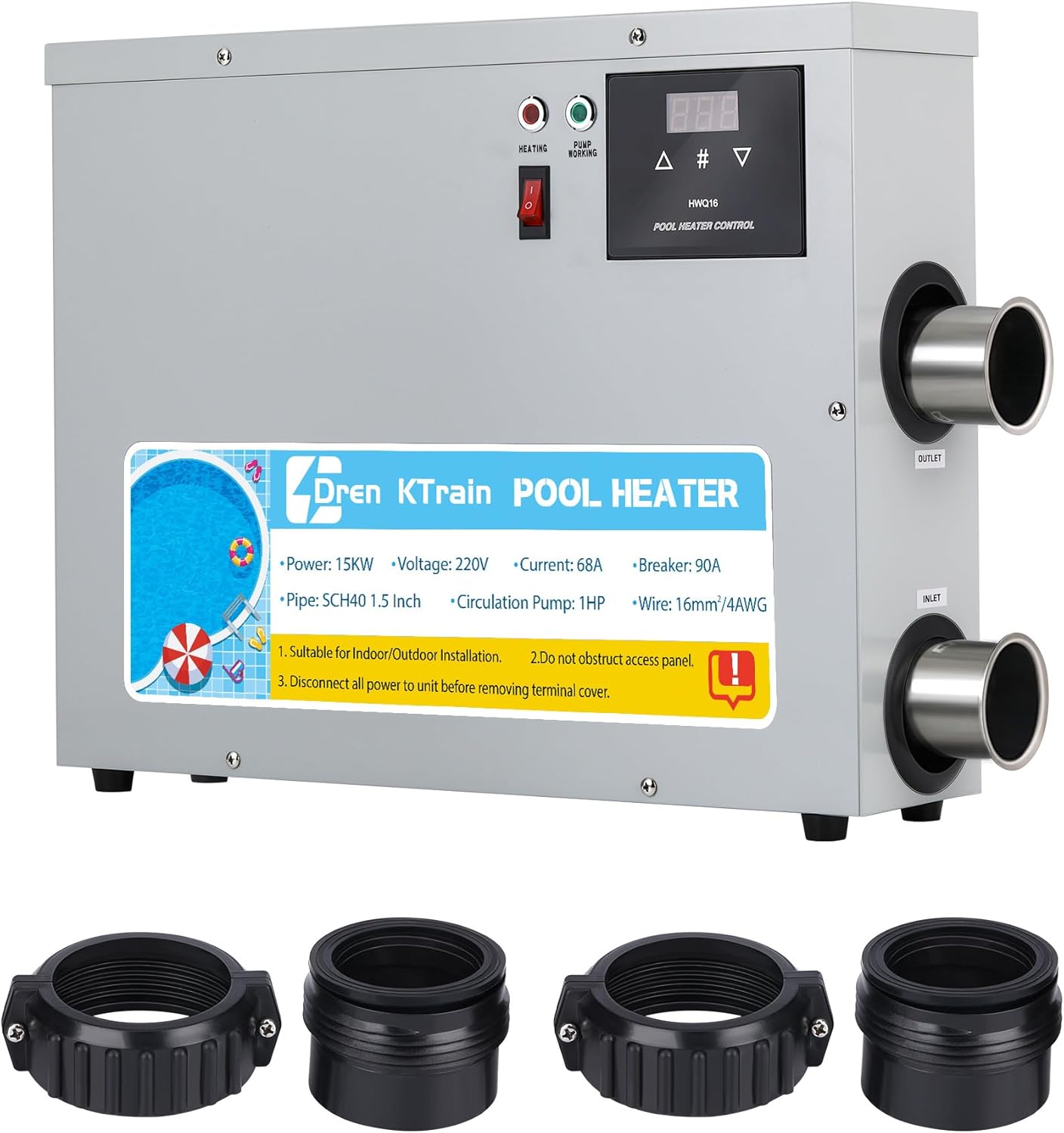 Pool Heater 15KW 220V, Upgrade Electric Swimming Pool Heaters Hot Tub Water Thermostat with Touchscreeen for Above Ground Inground Pool, Spa, Bathtub (15KW)