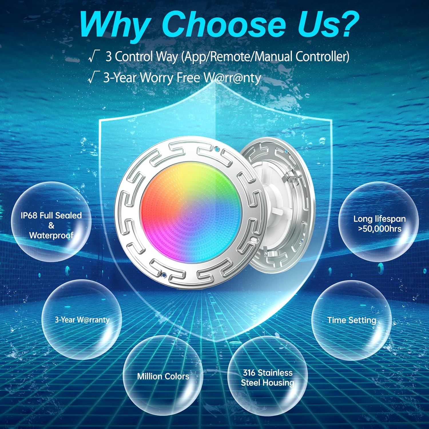 60FT 10Inch 60W Led Smart Pool Lights for Inground Pool with 3 Control Way (App/Remote/Controller), Led Color Changing Underwater Swimming Pool Light for 10