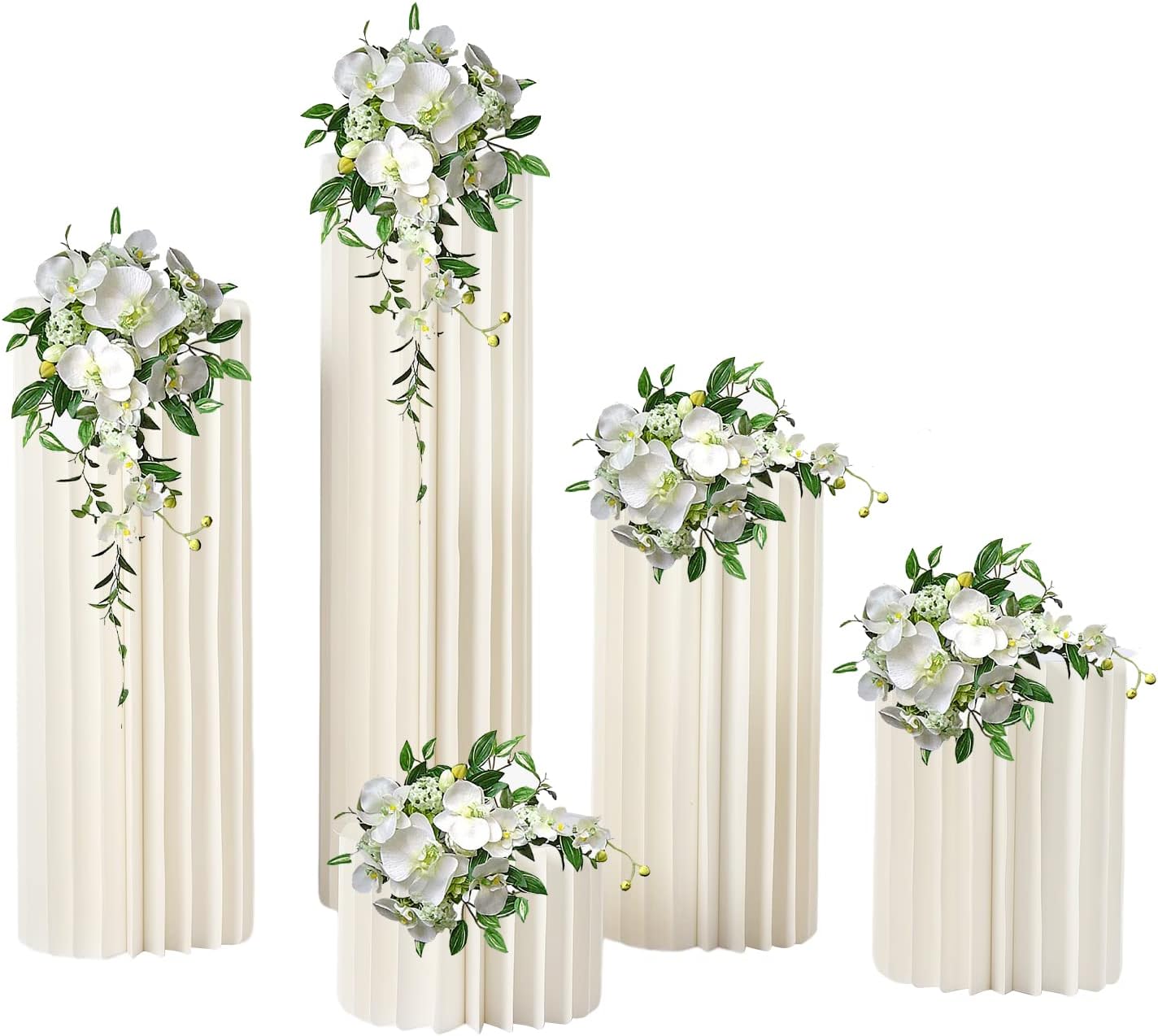 Foldable Paper Columns 5 Pcs Display Pedestals, Cream White Wedding Centerpieces Display, Cylinder Flower Stand, Paper Roman Pillar for Engagement Birthday Party Decoration - S+M+L+XL+XXL