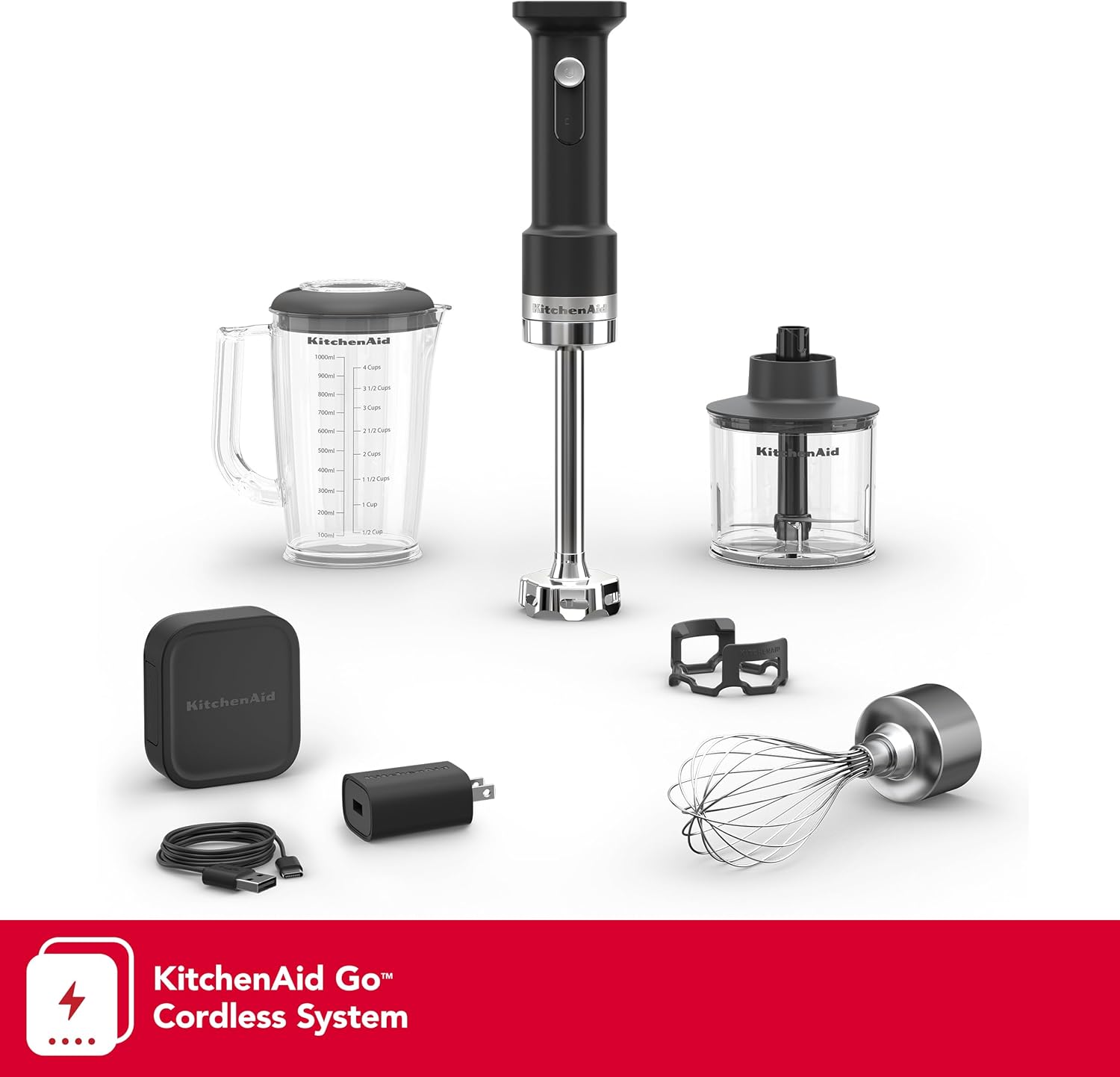 KitchenAid Go Cordless Hand Blender with Accessories - battery included, KHBRV75, Black Matte