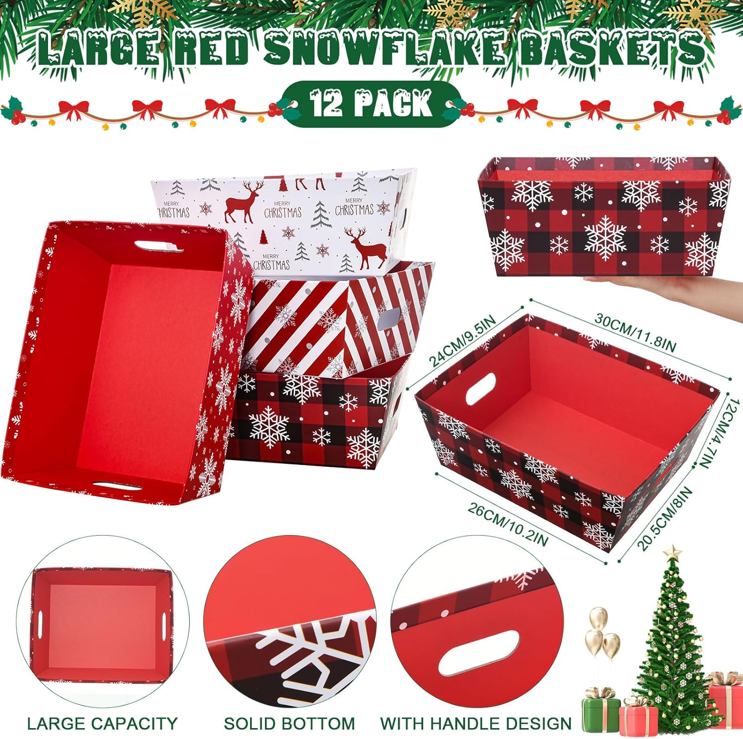 Cholemy 24 Set 12x10 In Extra Large Christmas Basket Gift Empty to Fill Gifts Basket with Handles Xmas Cards Cellophane Bows Market Tray Xmas Gift Bags for Holiday Christmas Party Raffle Wedding