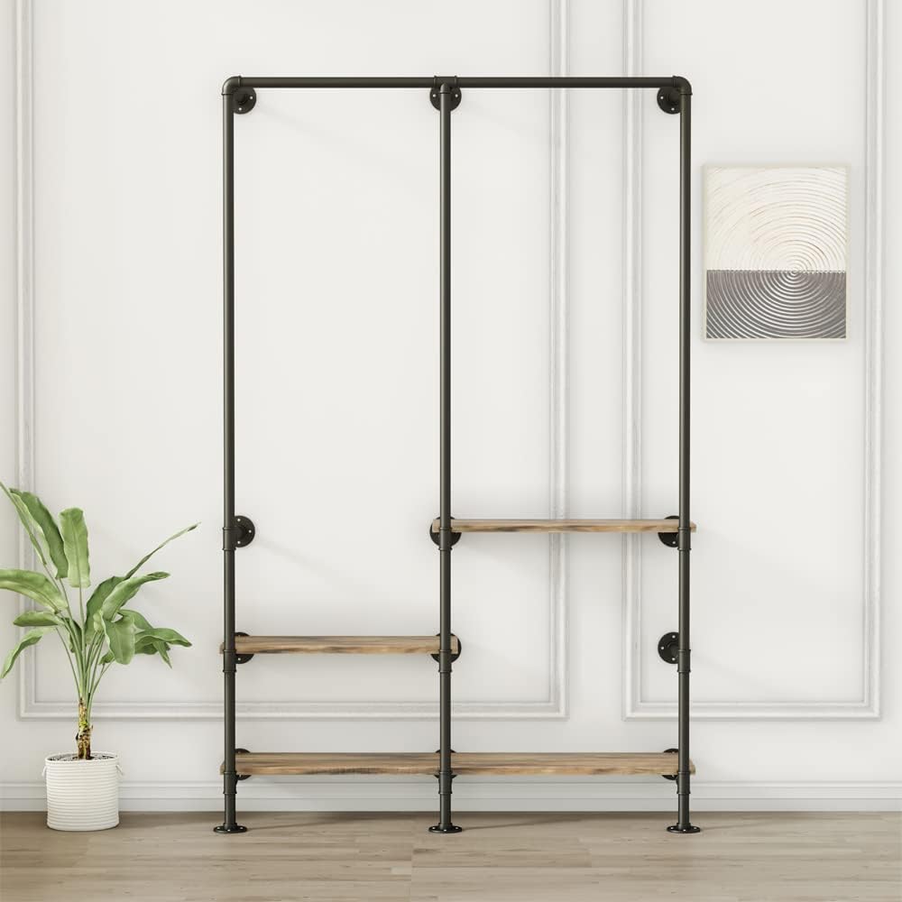 Industrial Wall Mounted Clothes Rack, Black Double Hanging Rods Clothing Rack, Heavy Duty Pipe Clothing Racks With Three Shelves Retail Display Garment Rack for Home/Boutique