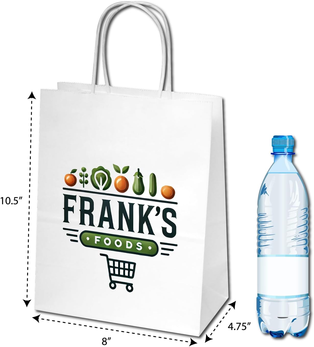 Flexicore Packaging White Kraft Custom Printed Paper Bags Size: 8 Inch X 4.75 Inch x 10.25 Inch | Count: 100 Bags | Color: White