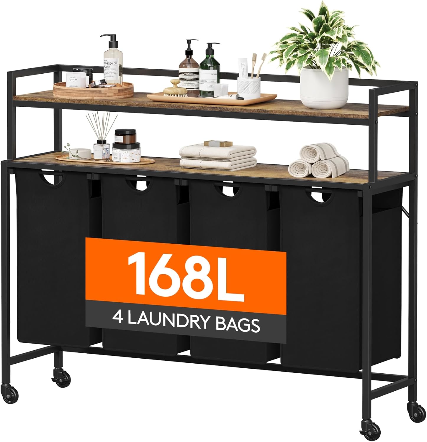 Lifewit Laundry Hamper 4 Section, 168L Pull out Laundry Clothes Basket Organizer with Large Top Shelf and 4 Removable Bags and Handles for Laundry Room Bedroom Bathroom, Black with Shelves and Wheels