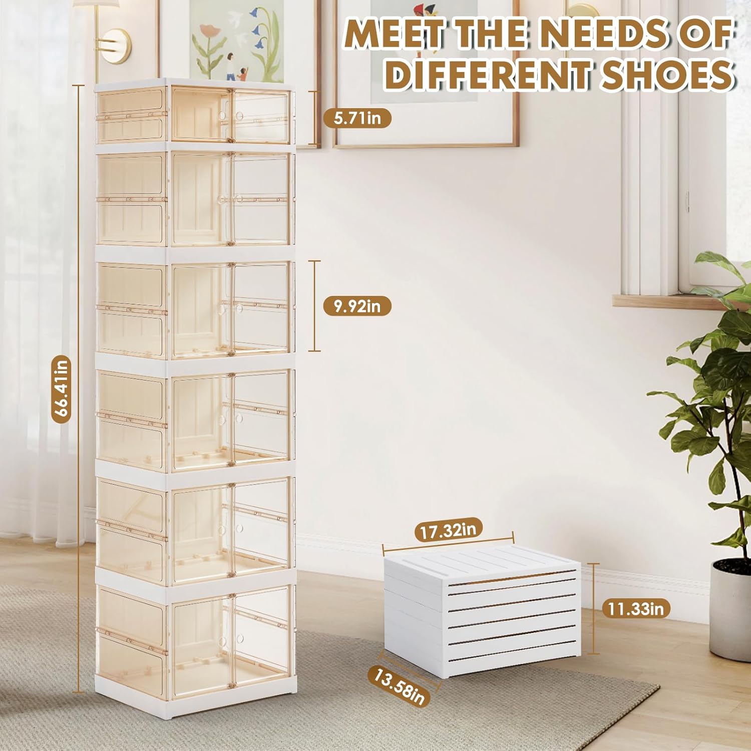 MGWILL Foldable Shoe Rack, Collapsible Shoe Organizers for Closet Plastic Clear Shoe Storage Box for Entryway, Large Stackable Sneaker Cabinet Bins Shoe Shelf with Magnetic Door 6 Tiers