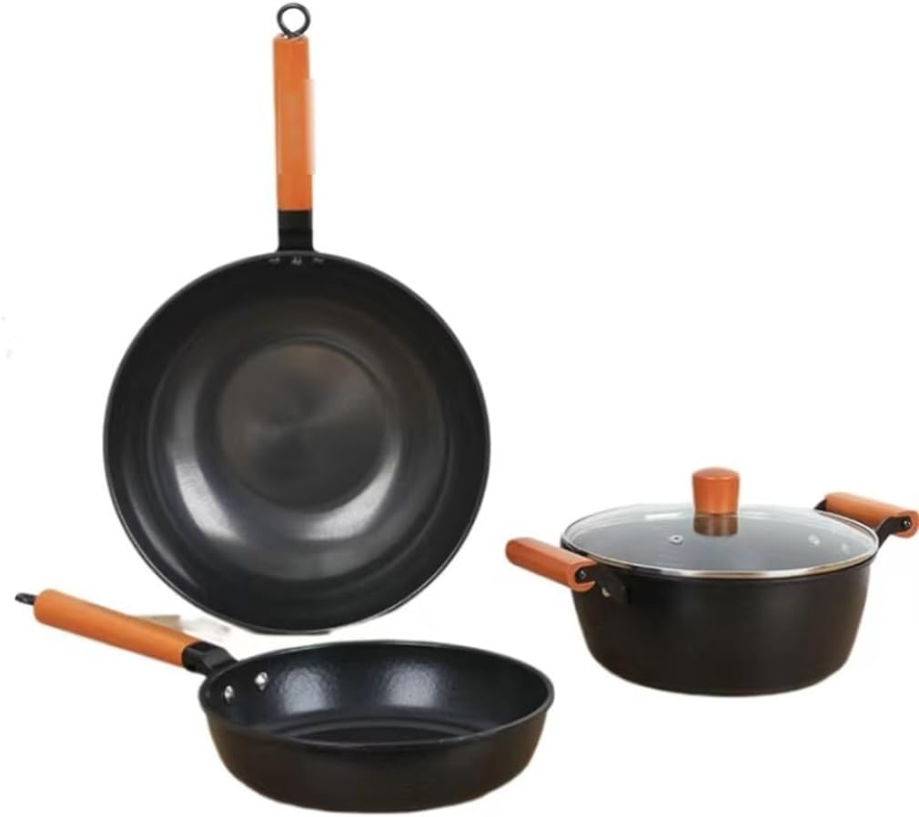 Non-stick Pan Set Flat Frying Wok Saucepan Soup Pot Gift 3 Pieces Camping Kitchen Supplies