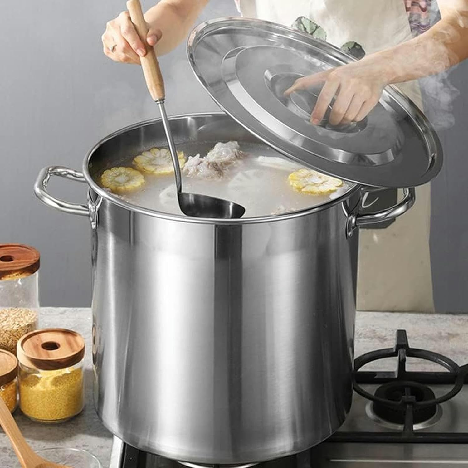Stainless Steel Boiler Heavy Duty Commercial Stockpot for Seafood Crawfish Crab Boil Turkey Fryer Pot with Boiling Basket and Helper Handle Perfect for Boiling and Canning,45Qt(63Qt)