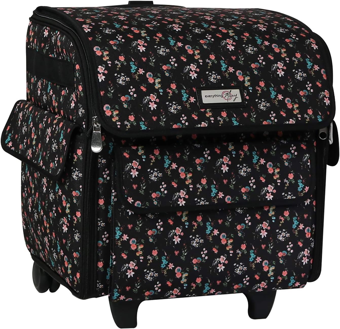 Everything Mary Rolling Serger Machine Tote – Black Floral Carrying Case for Overlock Machines – Compatible with Brother, Singer & Juki – Sewing Thread & Supplies Organizer