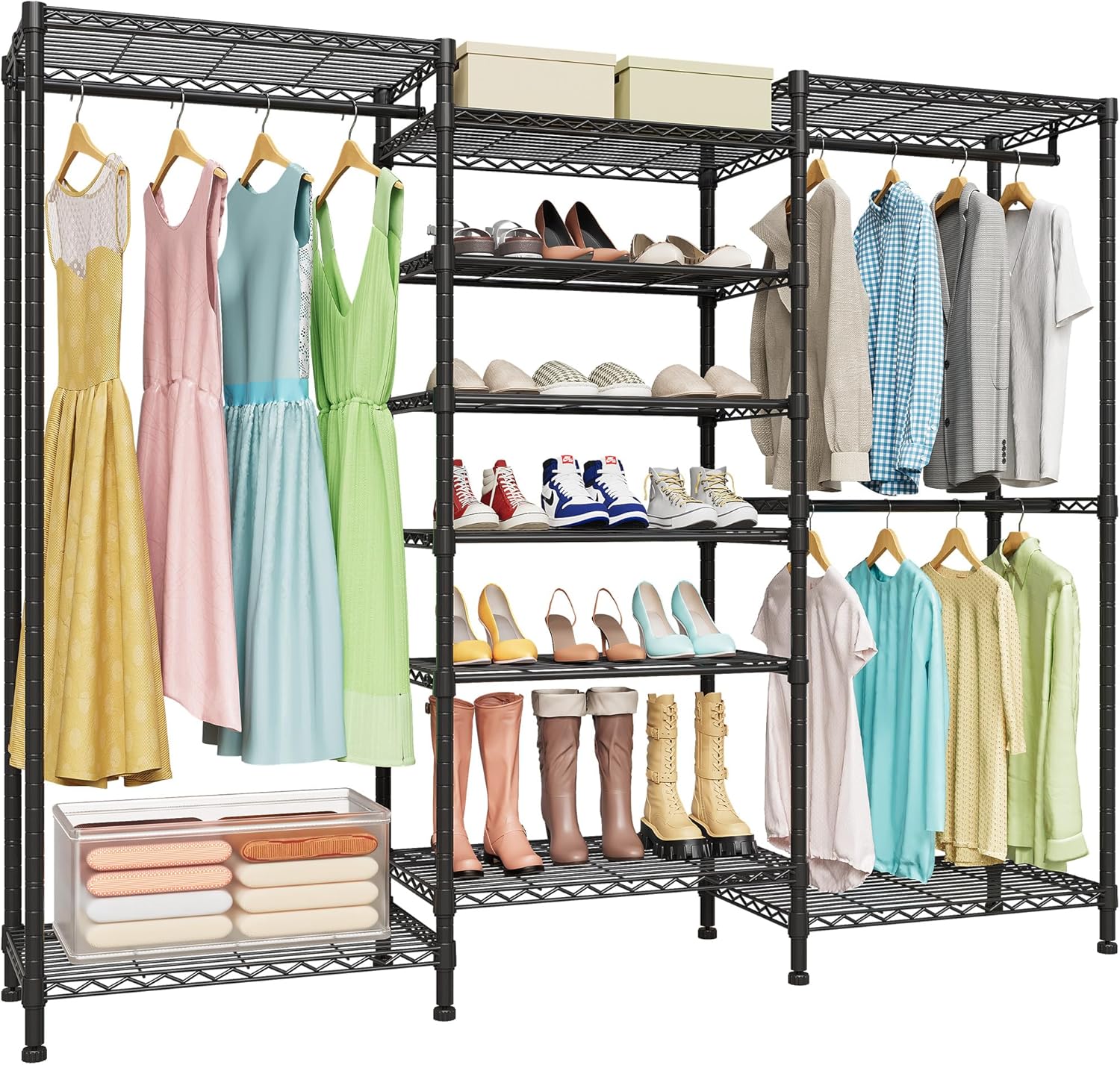 H12 Heavy Duty Clothes Rack with Hanging Rods, Garment Rack with Shoes Racks, Clothing rack for shoe storage, Freestanding Wardrobe Closet with Adjustable Shelves, White