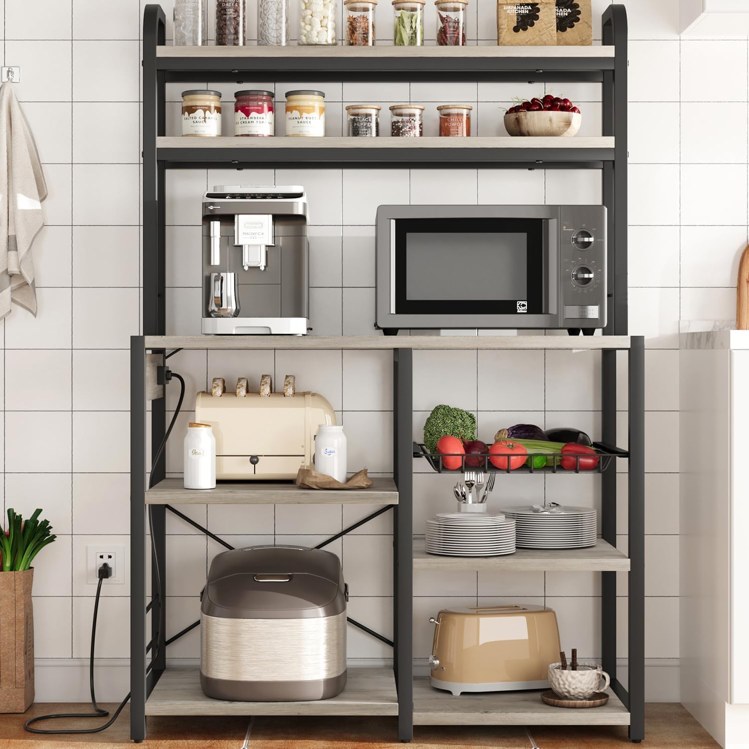 6-Tier Bakers Rack with Power Outlet, Large Microwave Stand Kitchen Utility Storage Shelf with Wire Basket, Freestanding Organizer for Kitchen, Dining, Living Room - Gray