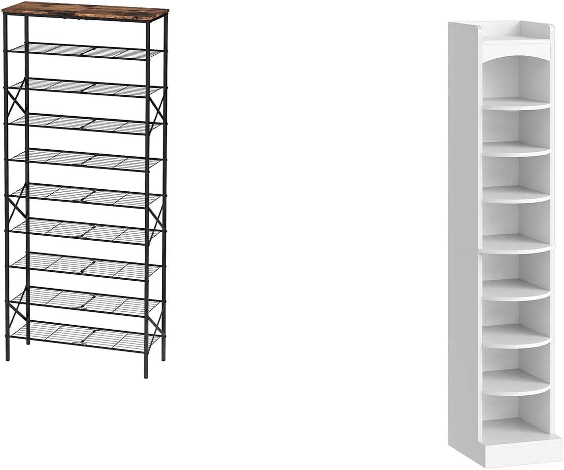 10 Tier Shoe Rack, Large Capacity Shoe Storage Organizer Holds 40 Pairs, 9-Tier Tall Shoe Rack, Wooden Shoe Storage Organizer, SS10BR-SS02WT