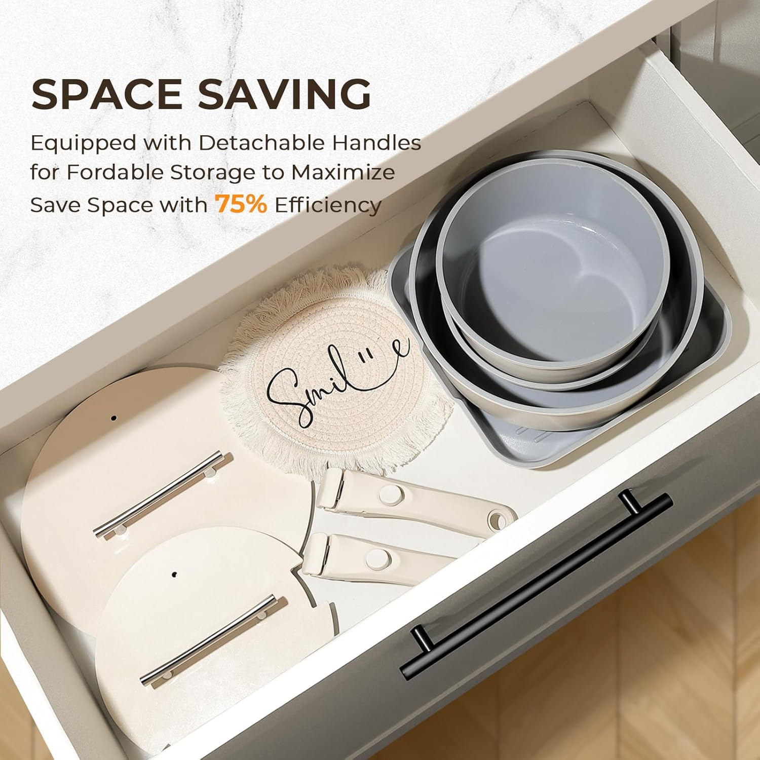 12 Pcs Nonstick Ceramic Cookware Set With Detachable Handle - Pots and Pans With Lids, Non Toxic, RV and Camping Cooking Set, PTFE & PFOA Free, Oven Safe, Space Saving - Cream