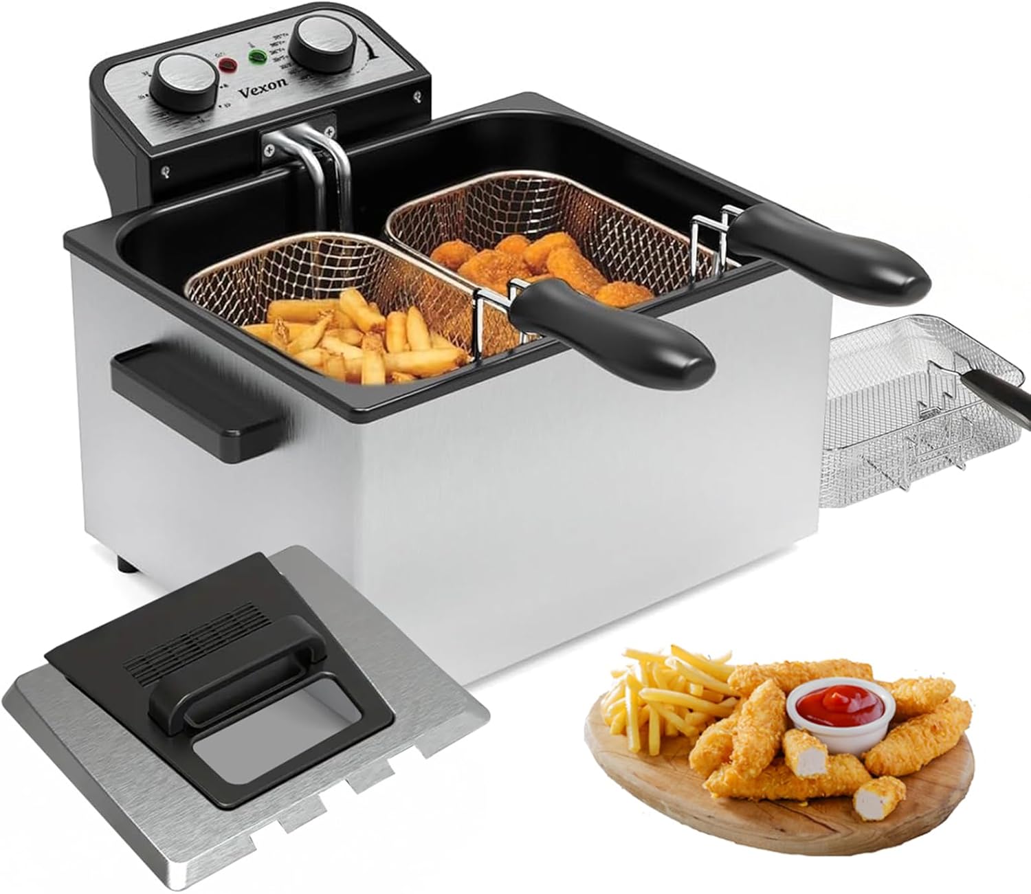 1800W 5 Liters/21 Cups Large Electric Deep Fryer with 3 Frying Baskets, Adjustable Temperature,View Window Lid,Countertop Stainless Steel Body Deep Fryer Pot,Perfect for Kitchen, Fry Fish for Home Use