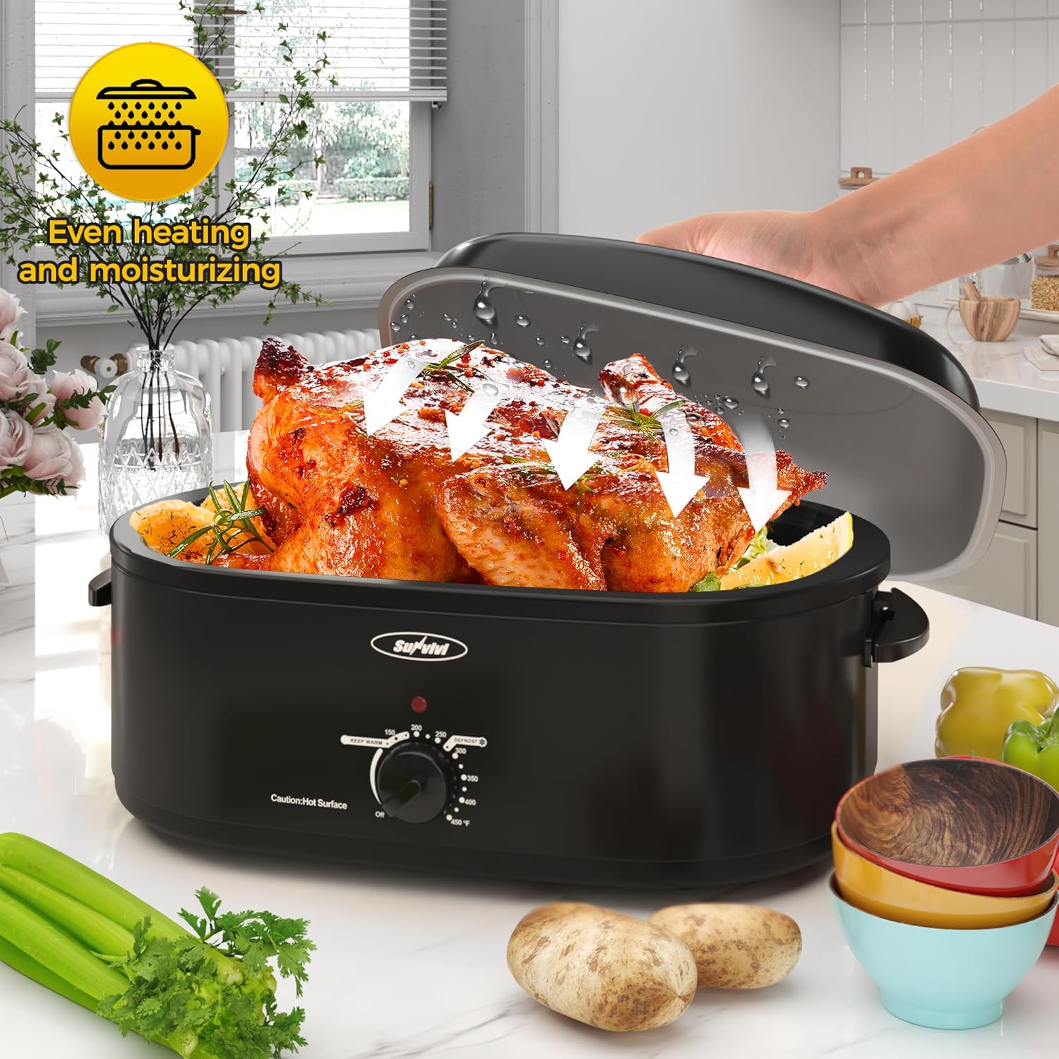 Sunvivi Roaster Oven with Self-Basting Lid,20 Quart Electric Roaster with Removable Pan & Rack,150-450°F Full-Range Temperature Control with Defrost/Warm Function,Stainless Steel,Black