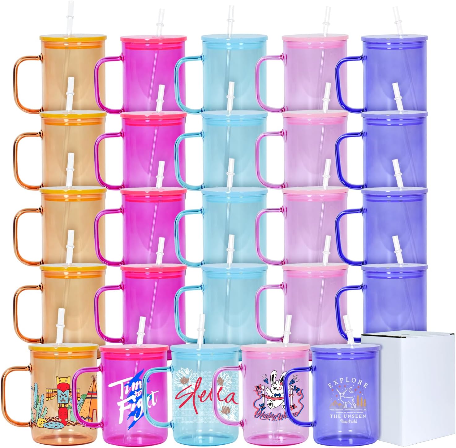 17 oz Sublimation Glass Cup with Handle, 25 pack Sublimation Glass Tumblers with Colored Acrylic Lid, Beer Glasses With Handle, Suitable for coffee, milk, beer, Individual box, clear