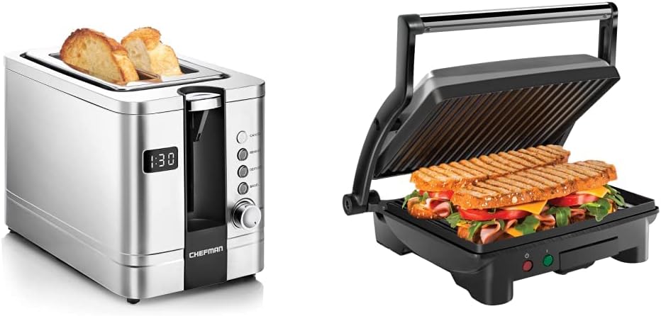 Chefman 2-Slice Digital Toaster, Pop-Up, Stainless Steel & Panini Press Grill and Gourmet Sandwich Maker Coated Plates, Stainless Steel Surface and Removable Drip Tray, 4 Slice