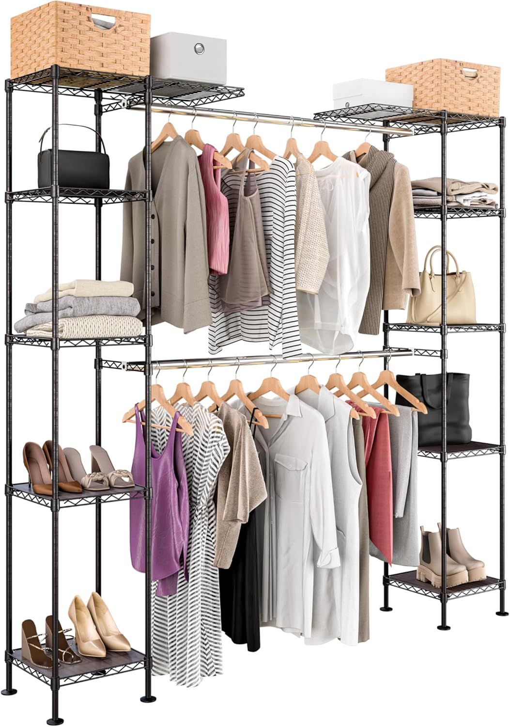 Seville Classics Closet Garment Organizer with Metal Hanging Rod Wardrobe Storage System, w/ Steel Shelves for Clothes, Shirts, Jackets, Coats, Blankets, Shoes, White, Expandable Rack