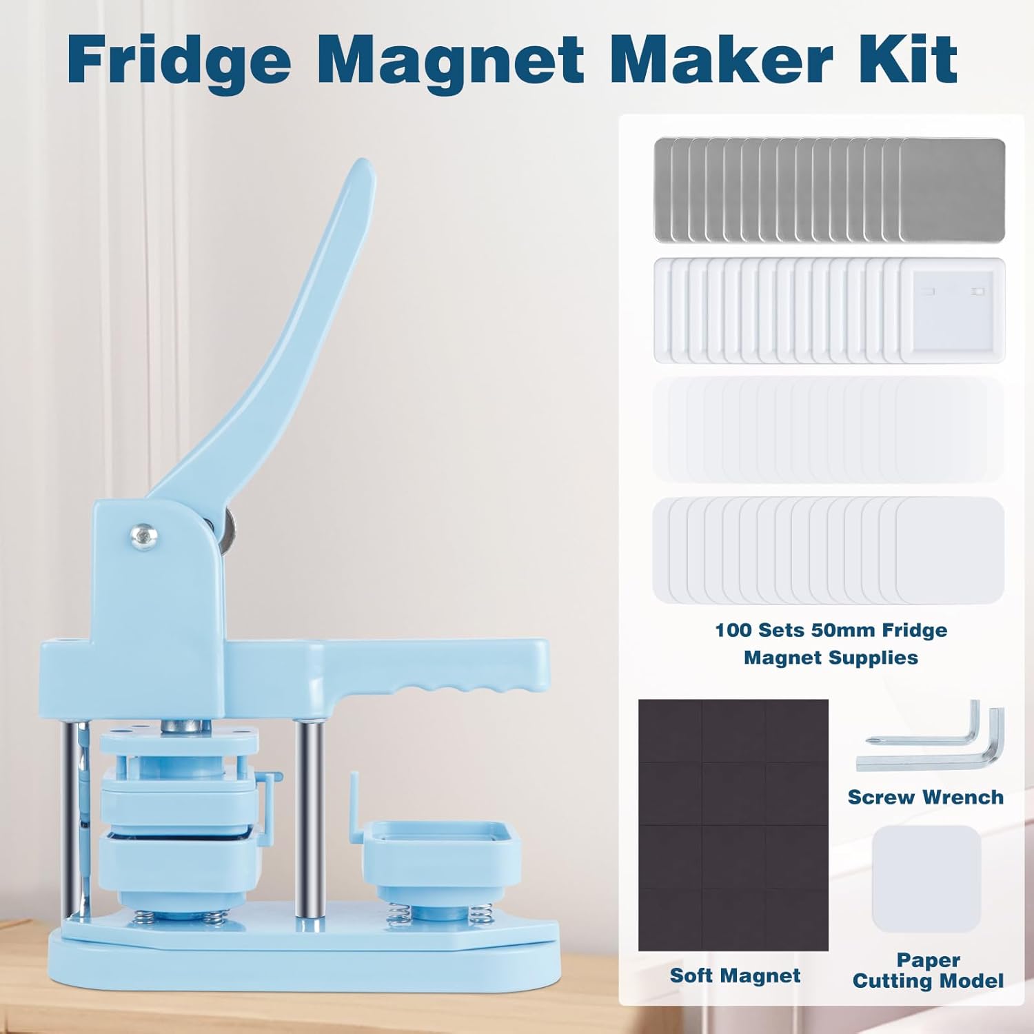 Fridge Magnet Button Maker Machine, 50mm/1.97 inch Square-Shaped Pin Maker Machine for Refrigerator Magnet, DIY Square Button Press Machine with 100 Pcs Fridge Magnet Button Maker Supplies