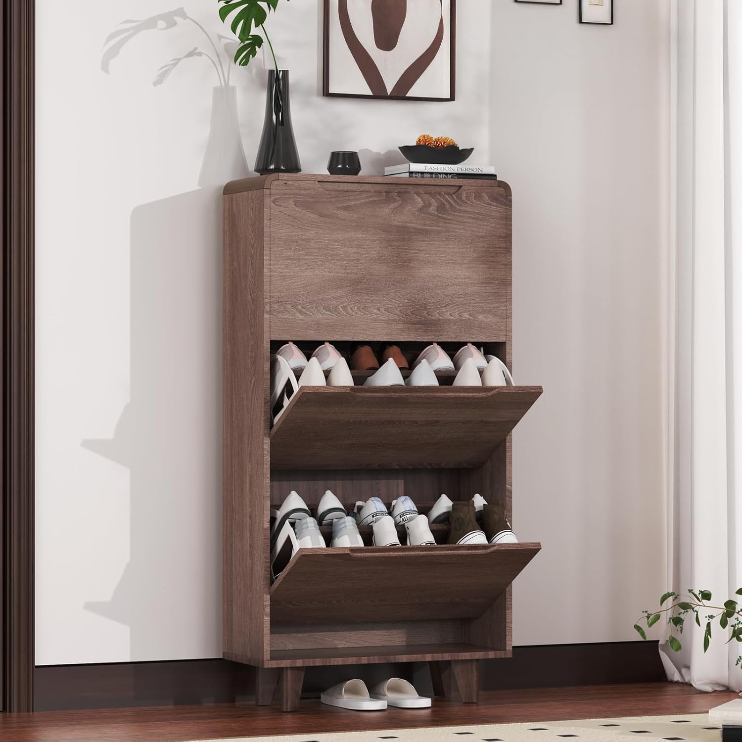Shoe Cabinet with 3 flip-top Drawers, freestanding Design, Space-Saving Design, Suitable for hallways or entrances,(Walnut Color, 47.2H*23.6W*9.4D)