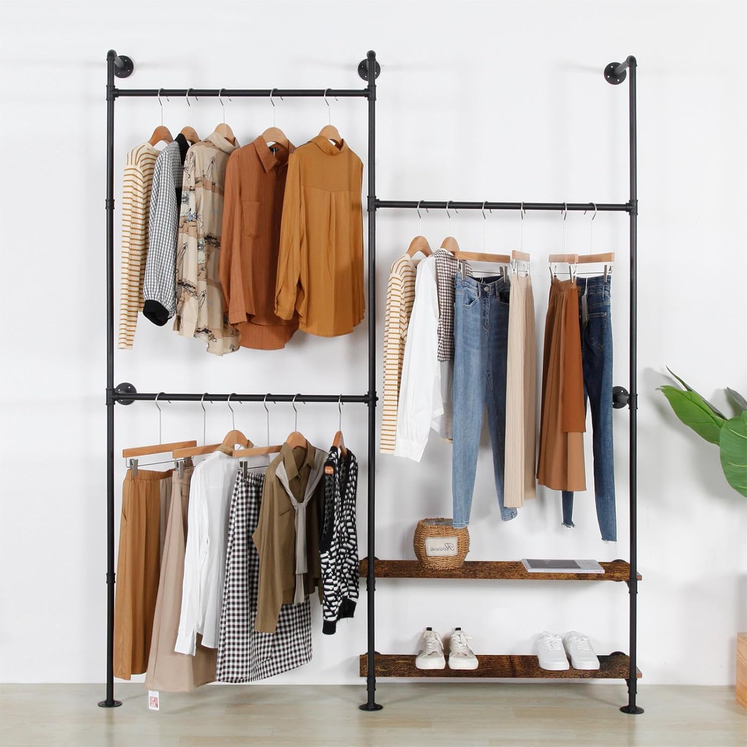 Industrial Pipe Clothing Rack Wall Mounted - Heavy Duty Wood Shelves Garment Display for Bedroom/Retail Stores, Steampunk Clothes Hanger Organizer, Black(91.7X74.8inch)